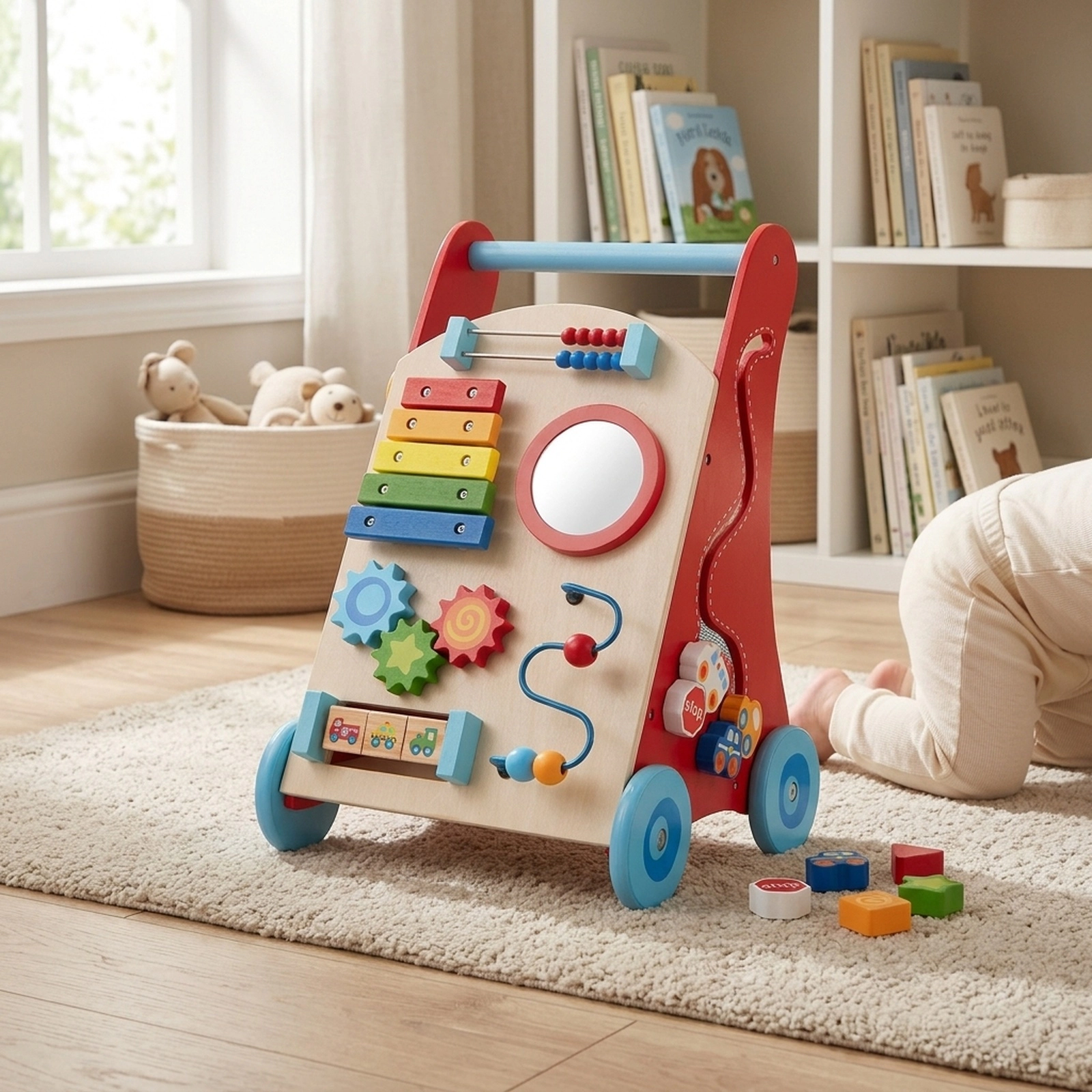 Wooden Baby Push Walker with Shape Sorter Mallet Handle and Storage Compartment for Boys and Girls Multicolor