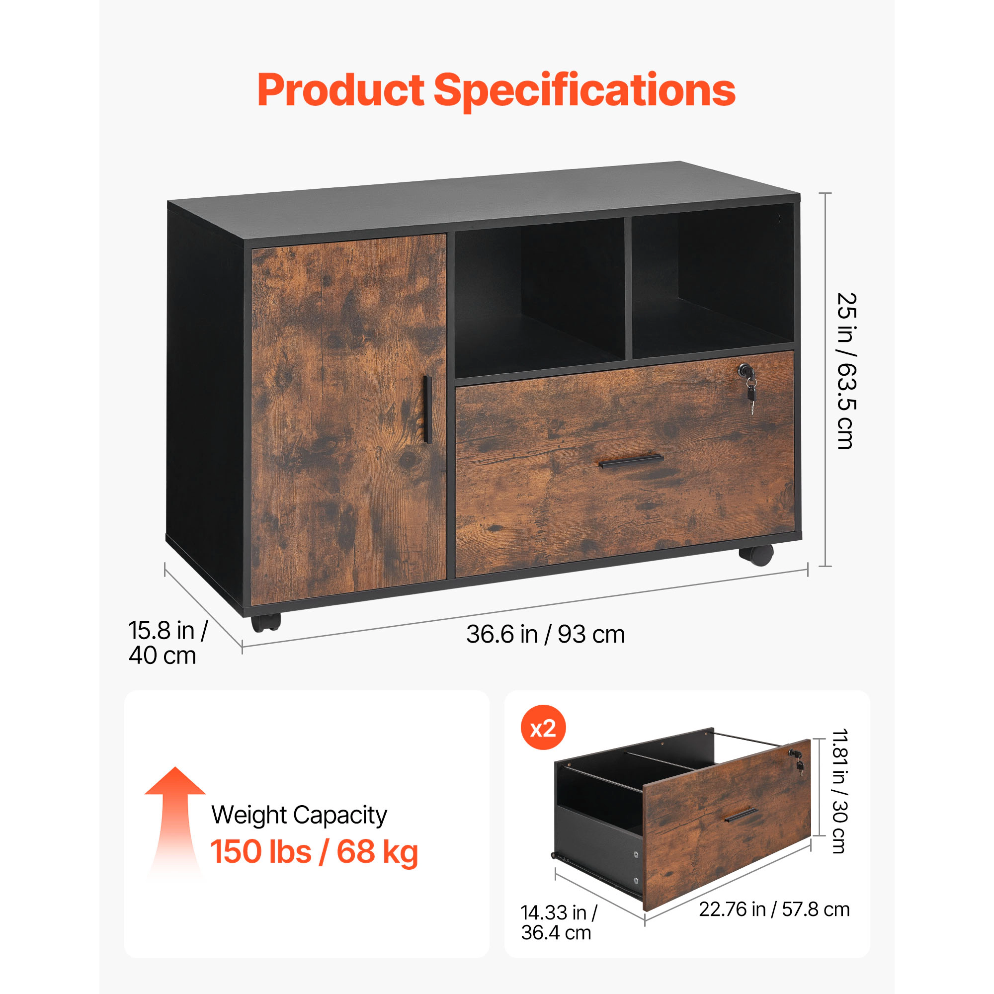 HONGGE Mobile Filing Cabinet with Lockable Rolling File Storage and Shelves Standing Printer Stand for Home Office