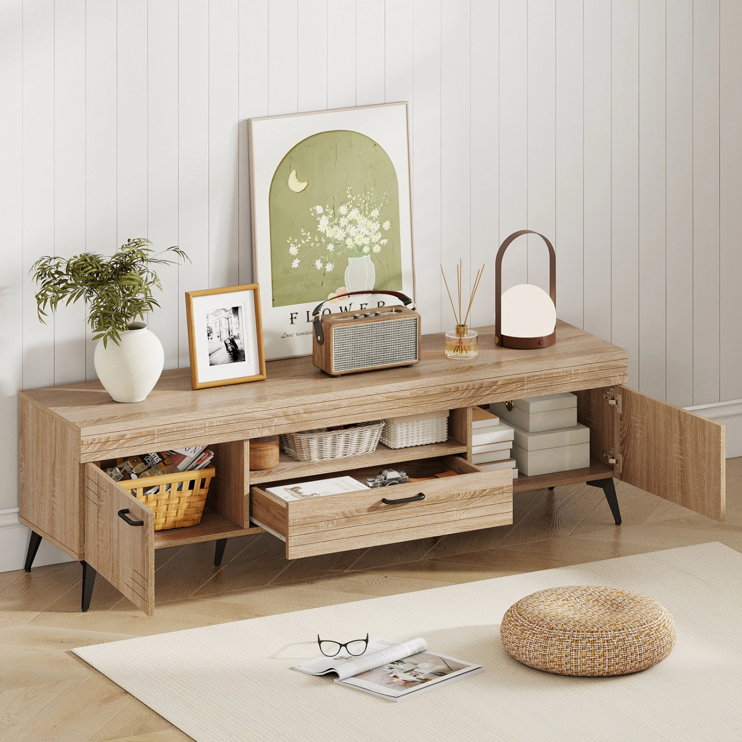 LJG TV Stand with 2 Cabinets and Storage Drawer for 65