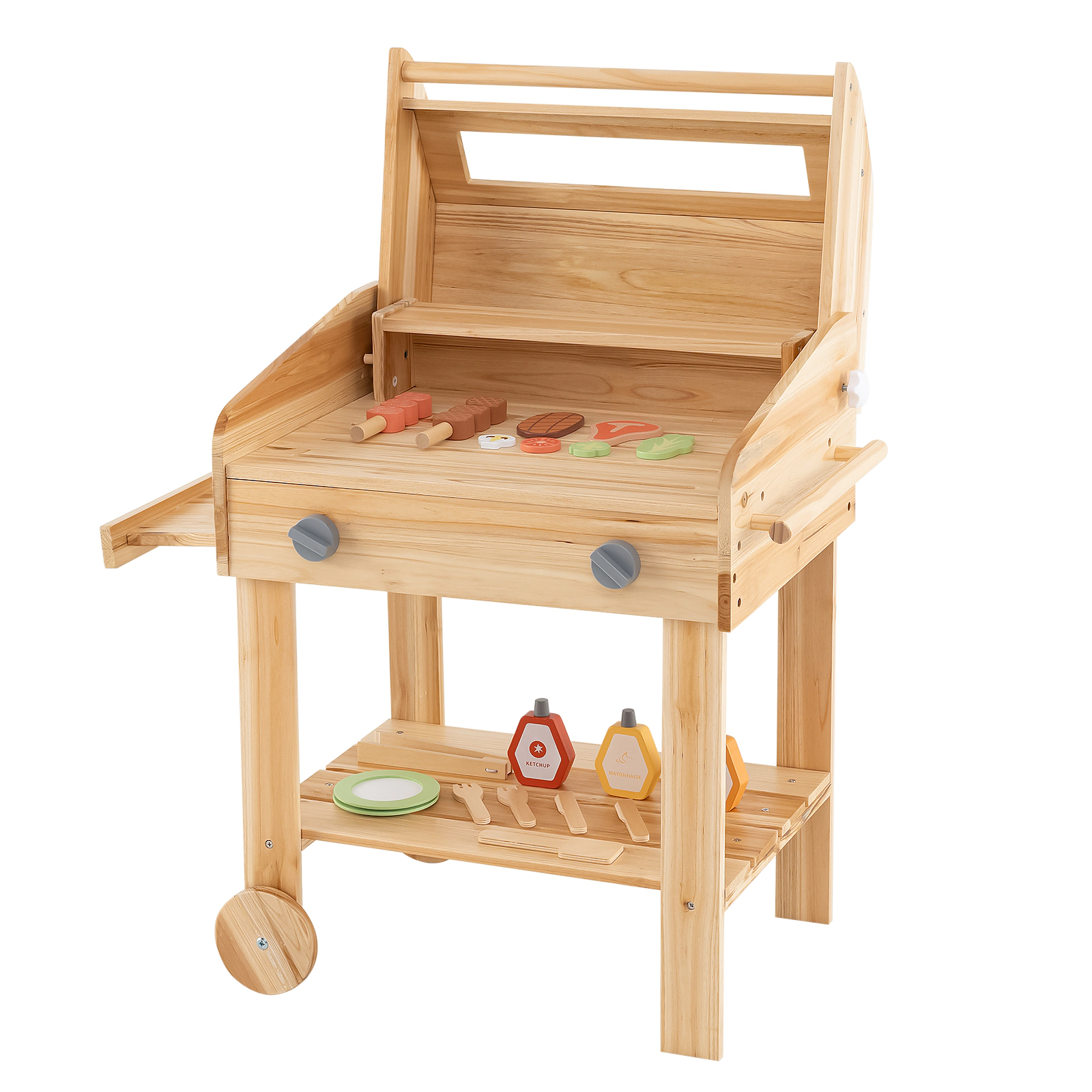 LJG Kids Wooden Barbecue Grill Playset Pretend Kitchen with Food and Wheels