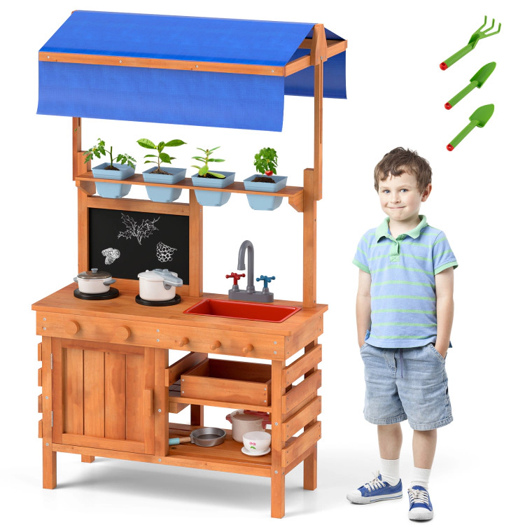 SUGIFT Kids Wooden Pretend Play Mud Kitchen with 9.5-in Adjustable Canopy 4 Planting Cups and Blackboard