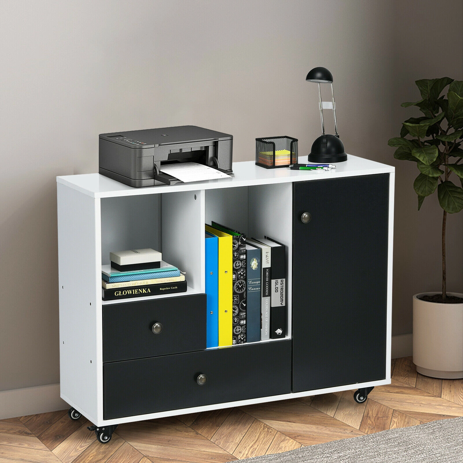SUGIFT 35-in 188-lb Capacity 2-Drawer Lateral Filing Cabinet Mobile Printer Stand with Open Shelves