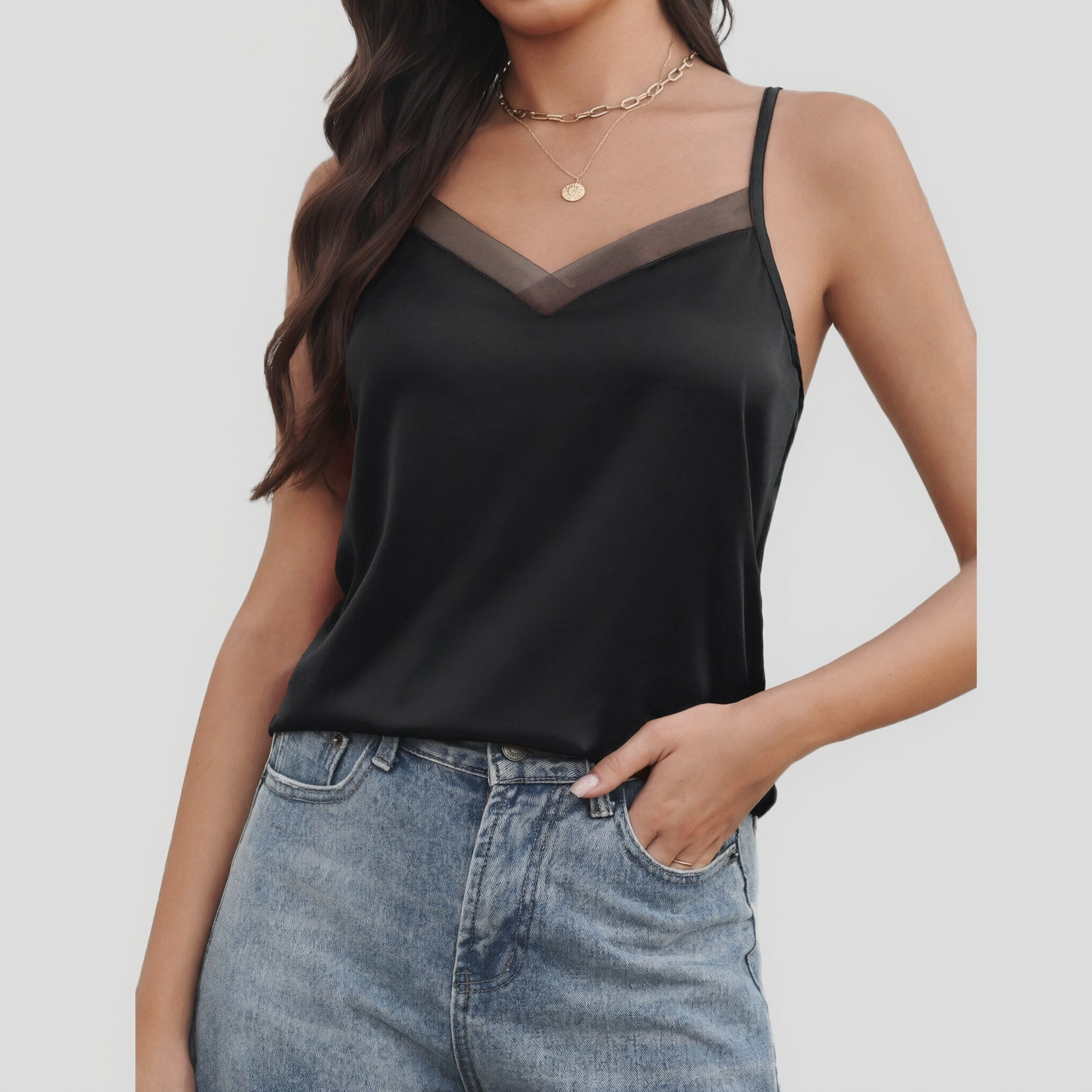 Avidlove Women's Silk Satin Mesh V Neck Adjustable Spaghetti Strap Tank Top Camisole