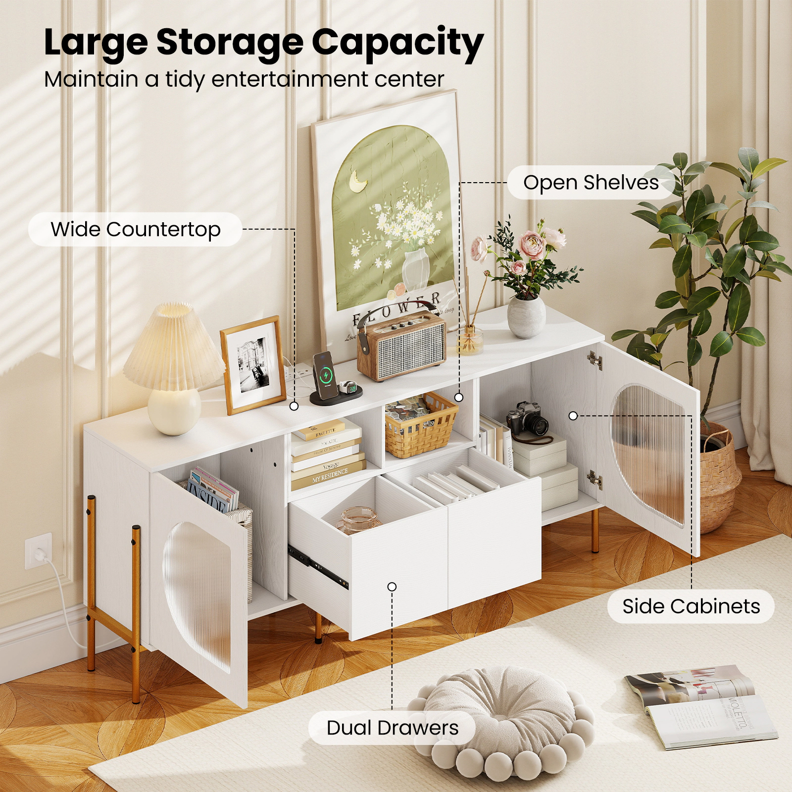SUGIFT 65-in TV Stand for 70-in TV with Power Outlets Drawers and Open Shelves 135-lb Countertop White
