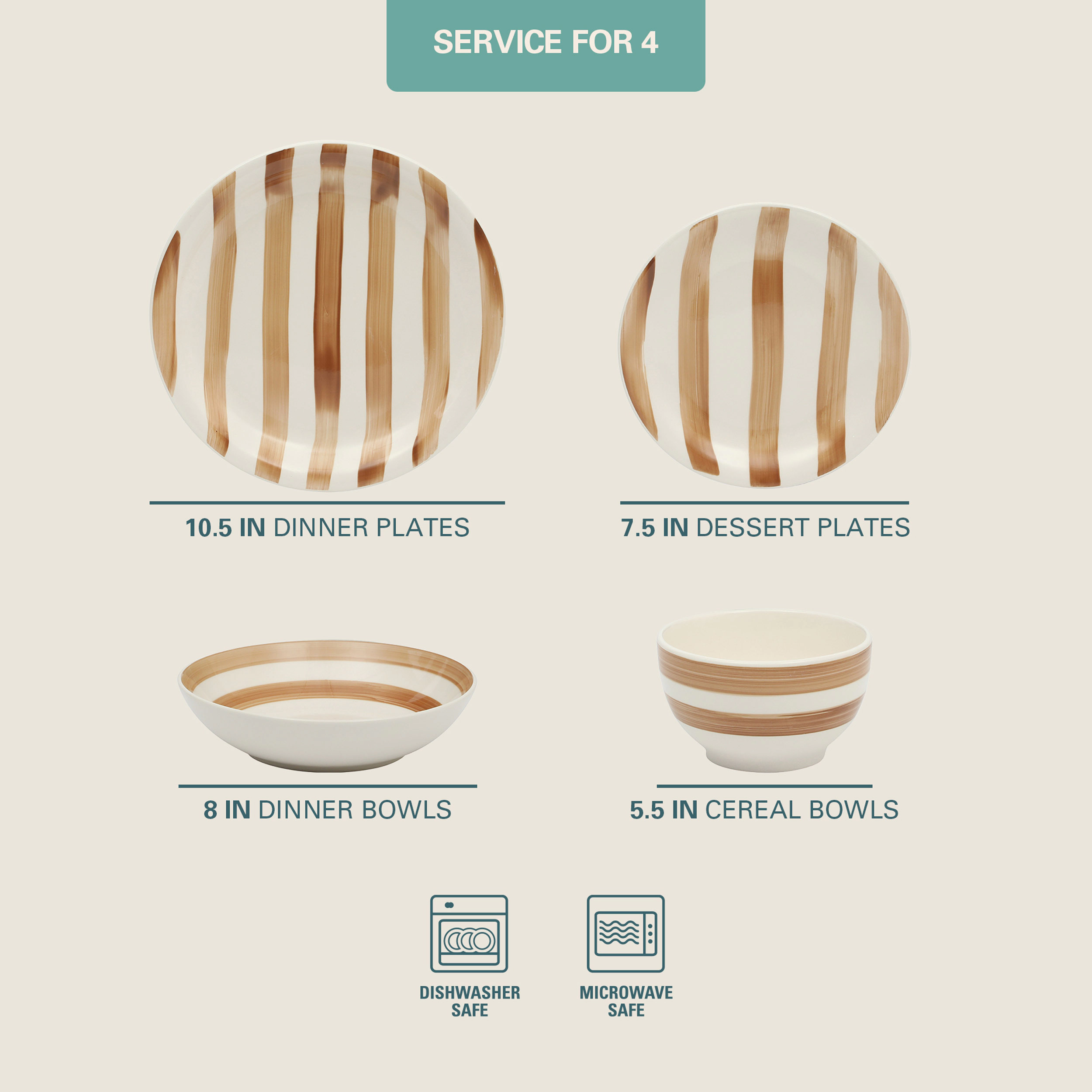 Gibson Home Kenwood Shore 16 Piece Round Stoneware Double Bowl Dinnerware Set in Brown
