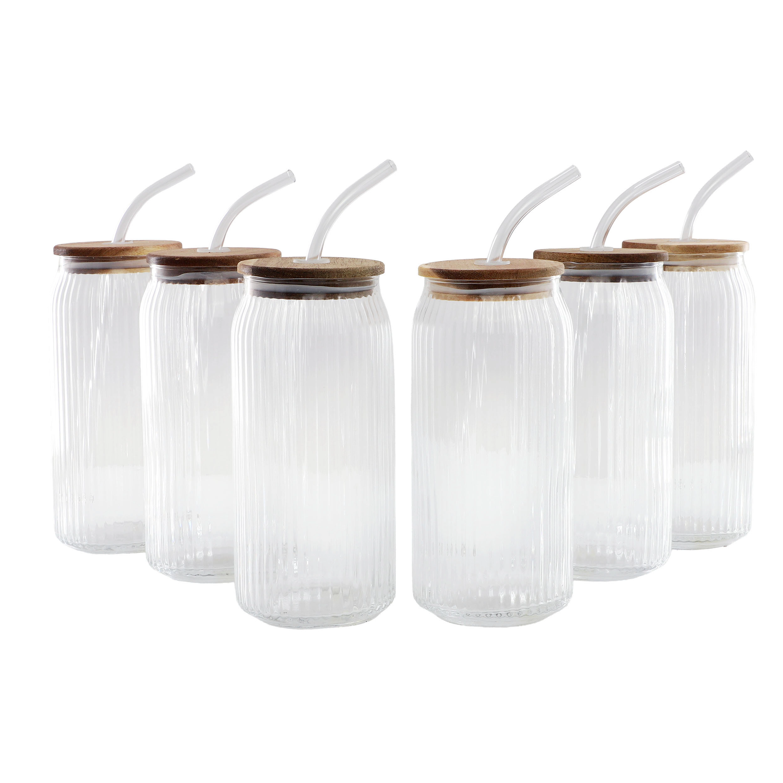 Gibson Homewares Zanita 21 Ounce 6-Piece Set Handmade Glass Tumbler with Straw and Acacia Wood Lid