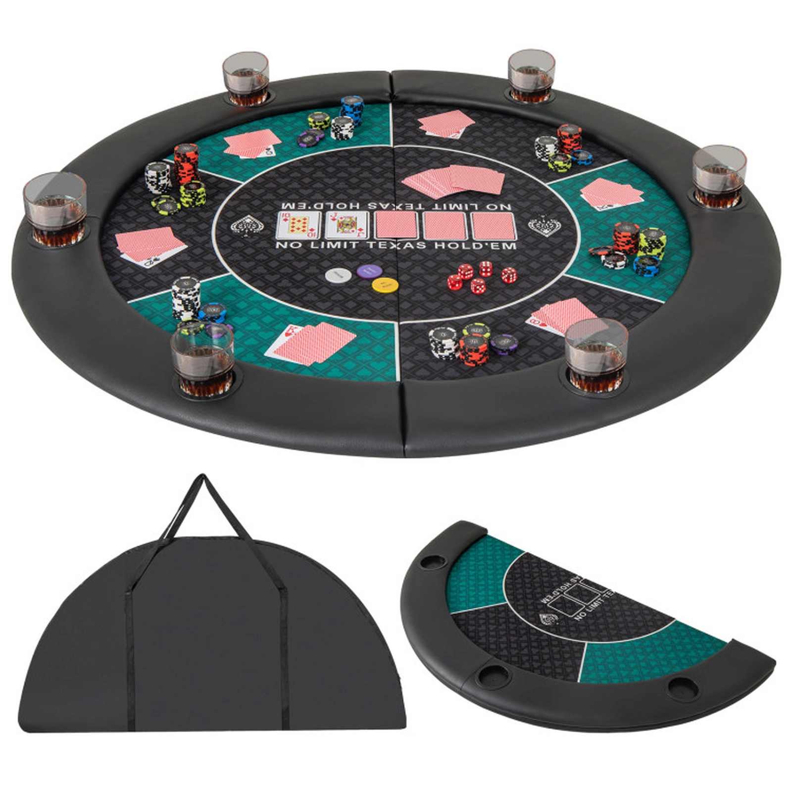 SUGIFT Portable 48-in Round 6-Player Poker Table Top with 10 Cup Holders Cushioned Armrests and Carrying Bag Green
