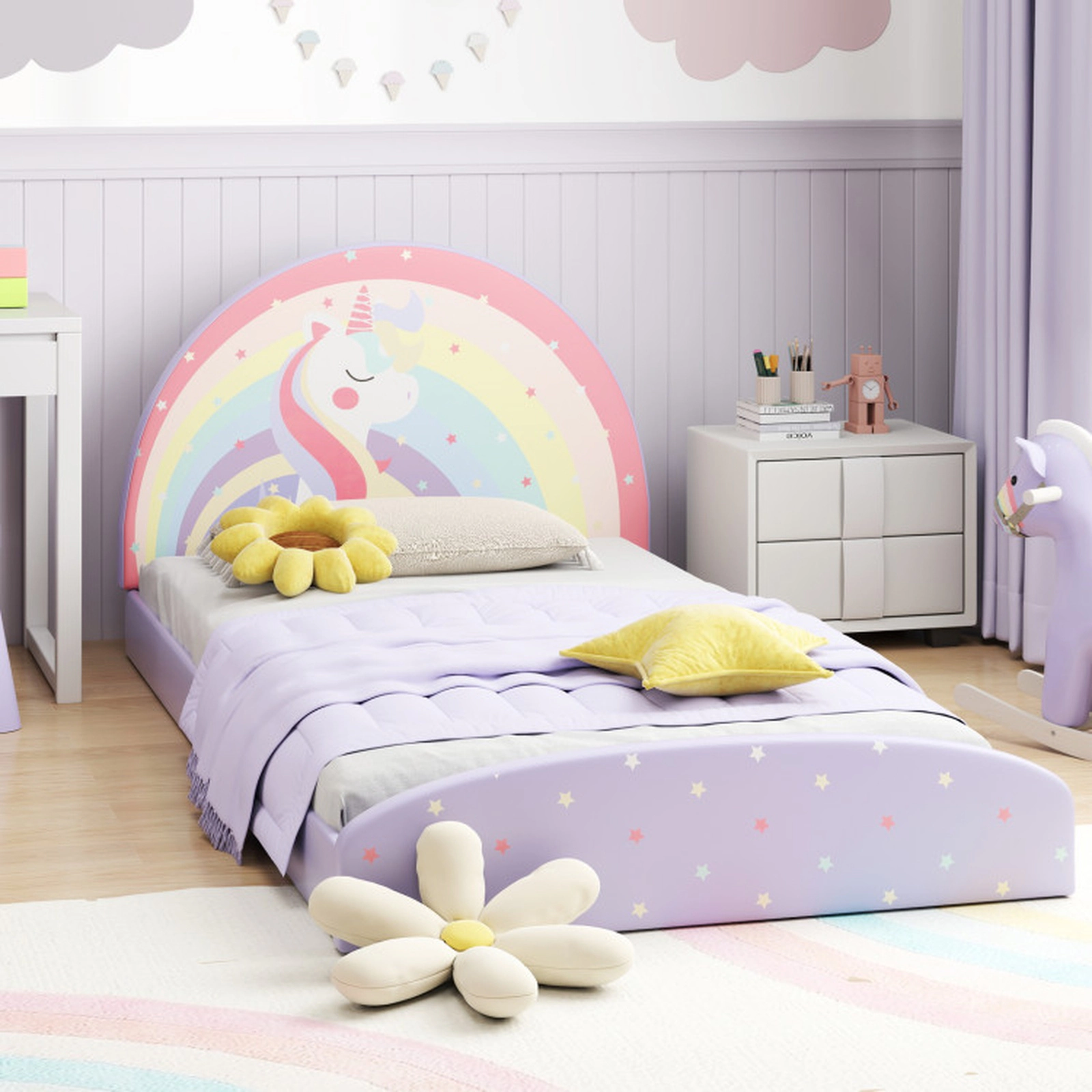 SUGIFT Upholstered Twin Floor Bed Frame with Rainbow Unicorn Headboard 176-lb Capacity Ages 3+ Purple
