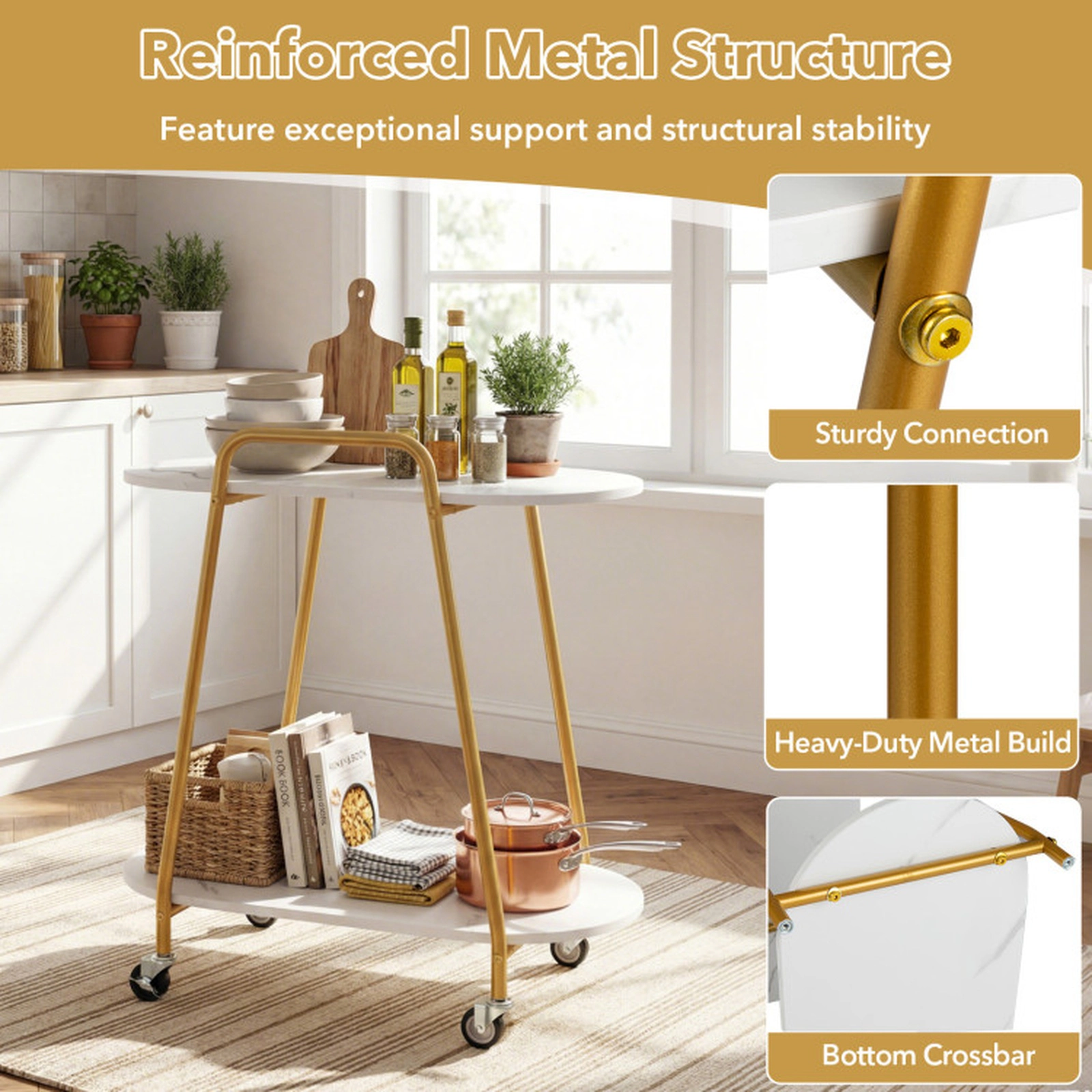 SUGIFT 27-Inch 2-Tier Faux Marble Rolling Side Table, Locking Wheels, Push Handle