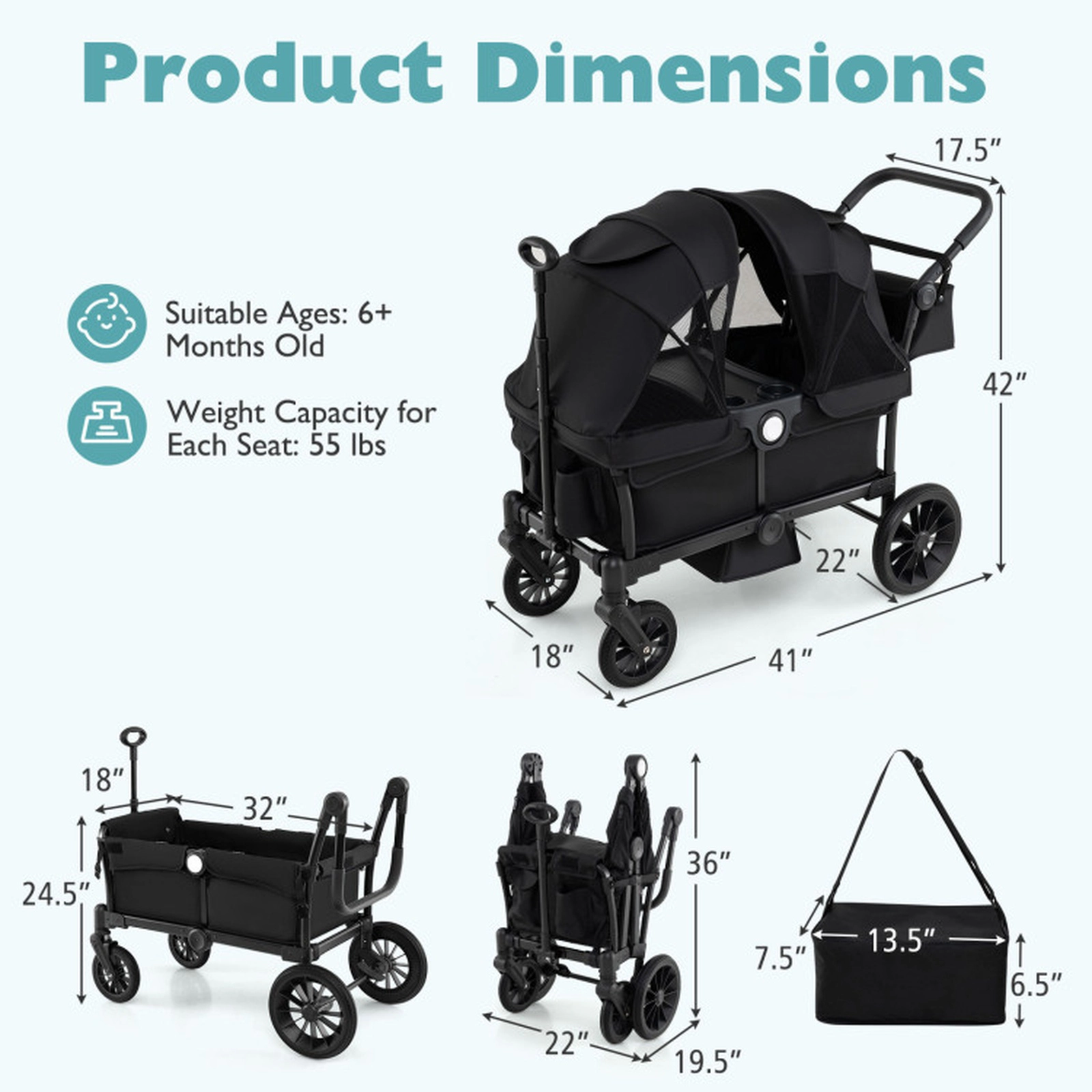 SUGIFT 2-Seater Push Pull Collapsible Kids Wagon Stroller 55-lb Capacity Per Seat Ages 6 Months+ Black/Gray