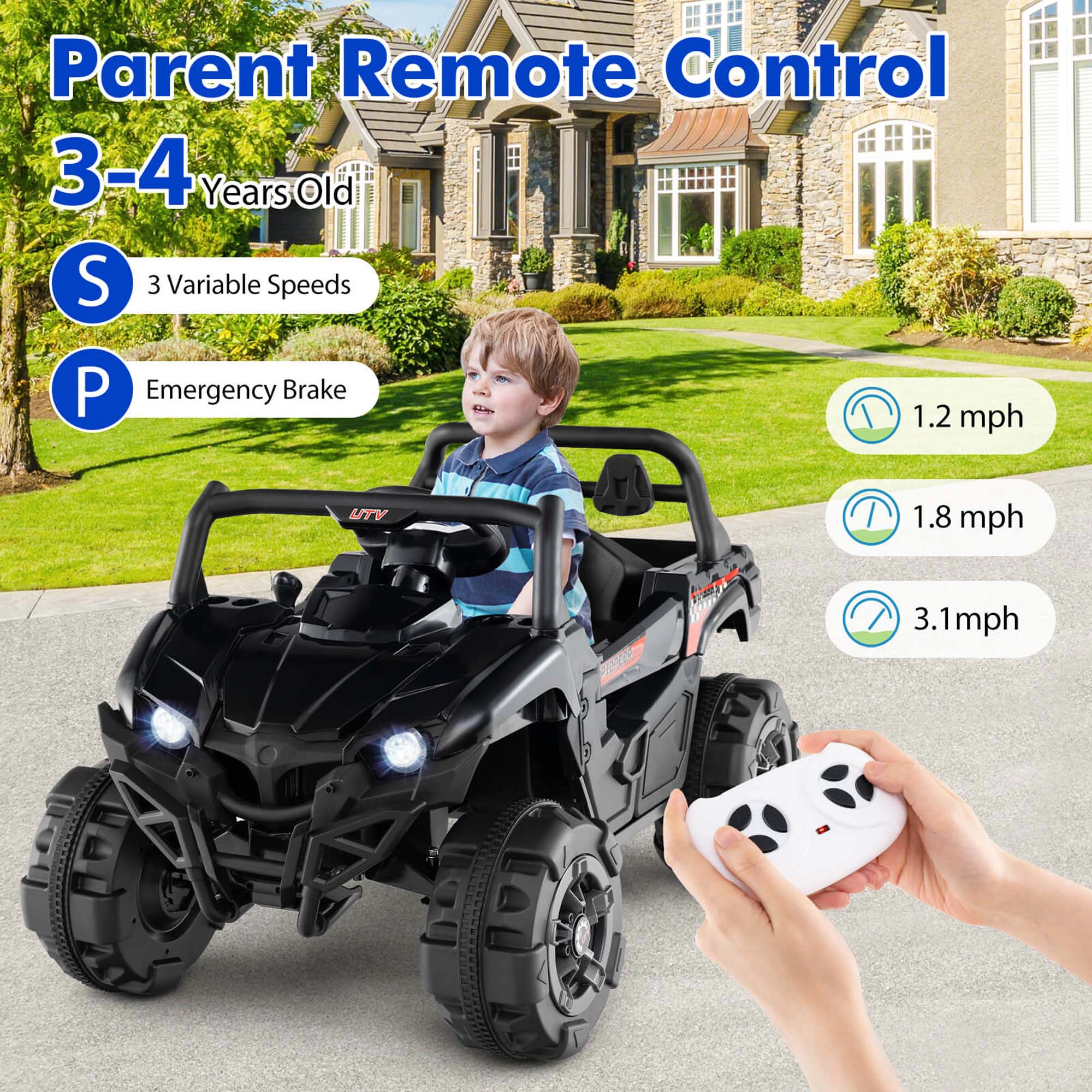 Costway 12V Kids Ride on Truck with Remote Control Slow Start Safety Belt Rear Storage Black