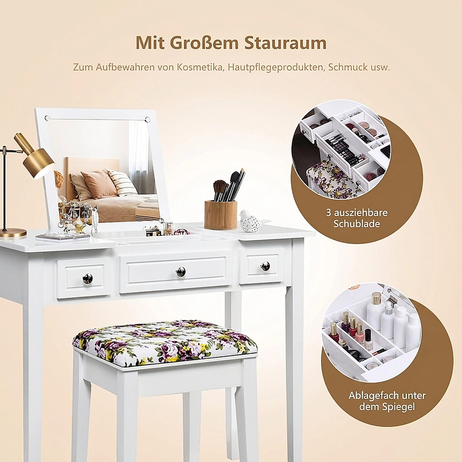 SUGIFT Flip Top Mirror Vanity Dressing Table Set with Stool 290-lb Table Capacity 250-lb Stool Capacity White
