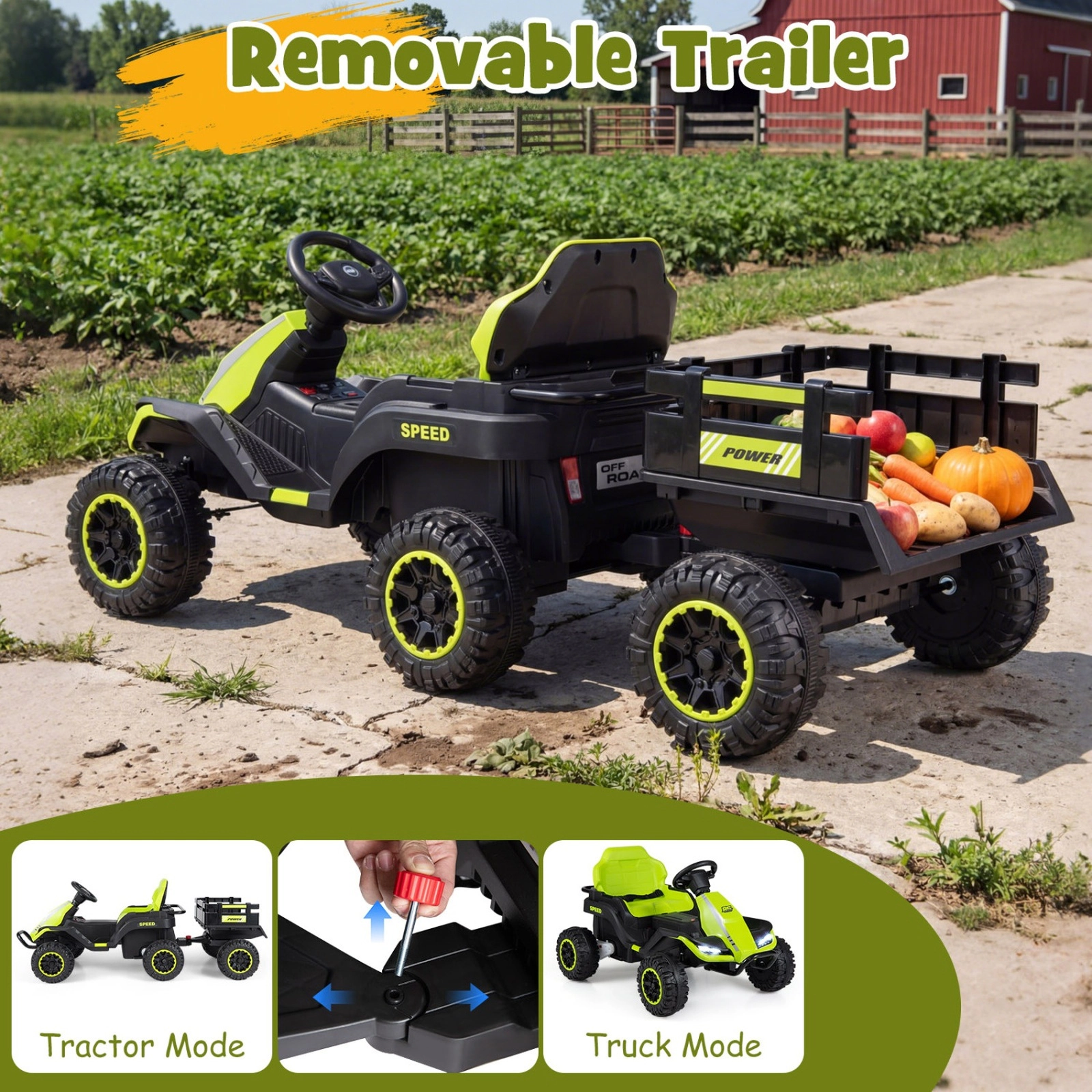 SUGIFT 24V Green Kids Ride-On Tractor with Detachable Trailer Remote Control Music and LED Lights 60-in W
