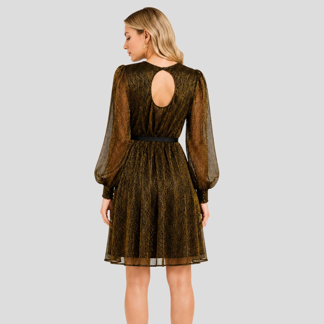 Artyska Women's Crewneck Shimmer Balloon Sleeve Tie-Waist Dress