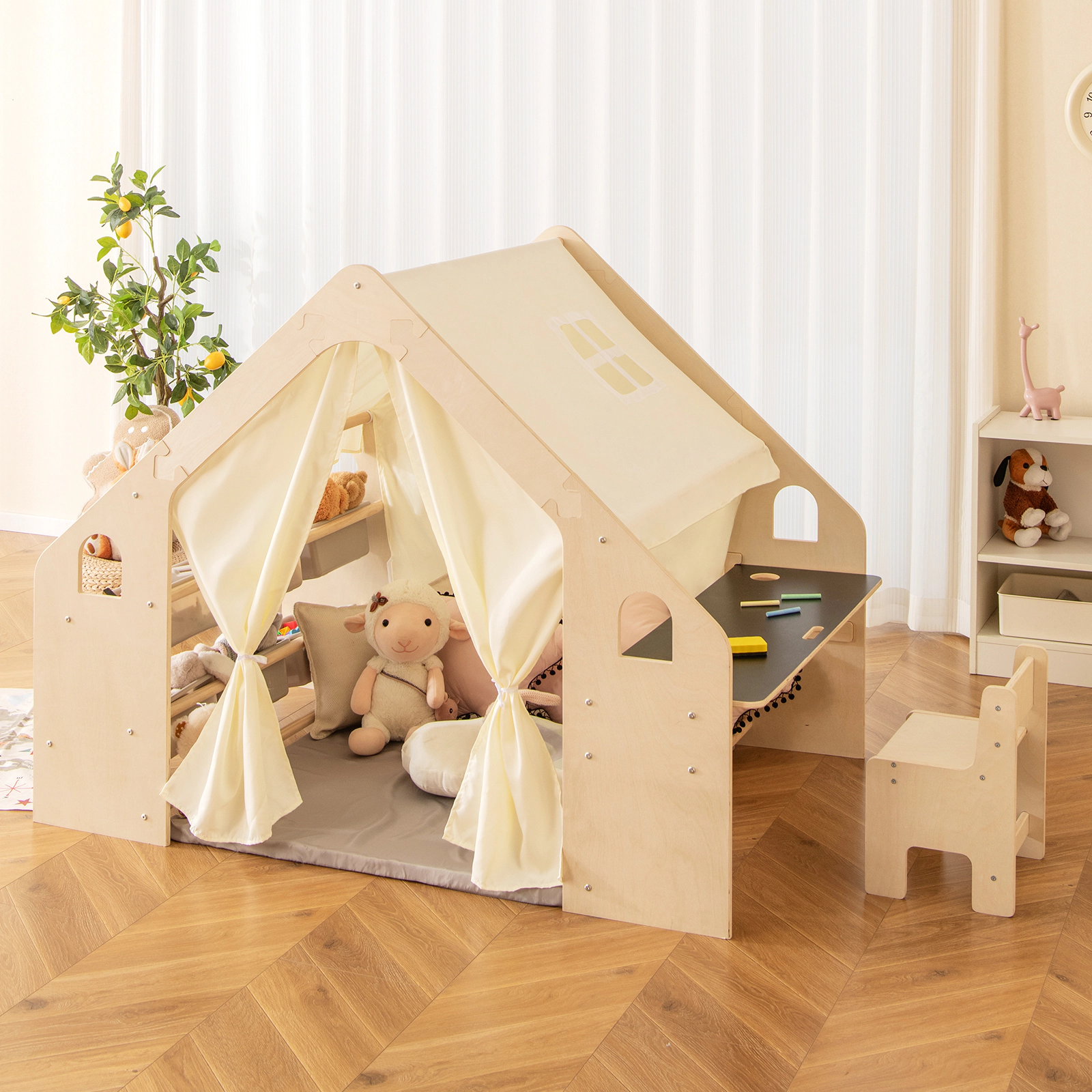 SUGIFT Beige Blackboard 6 Storage Bins Table and Chair 6-in-1 Kids Play Tent Playhouse