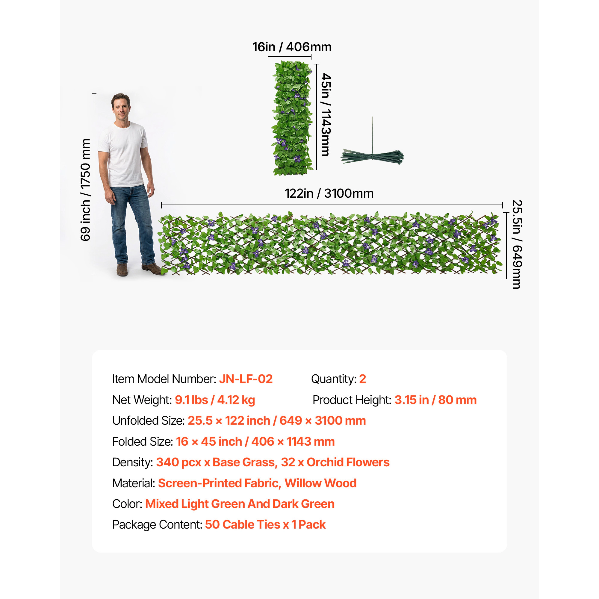 HONGGE Expandable Fence Privacy Screen Expand Artificial Plant Wall Realistic Artificial Ivy Panel with 50 Zip Ties