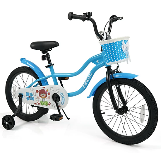 SUGIFT 18-in Blue Kids Bike with Training Wheels Removable Front Basket Bell Mudguards and Kickstand