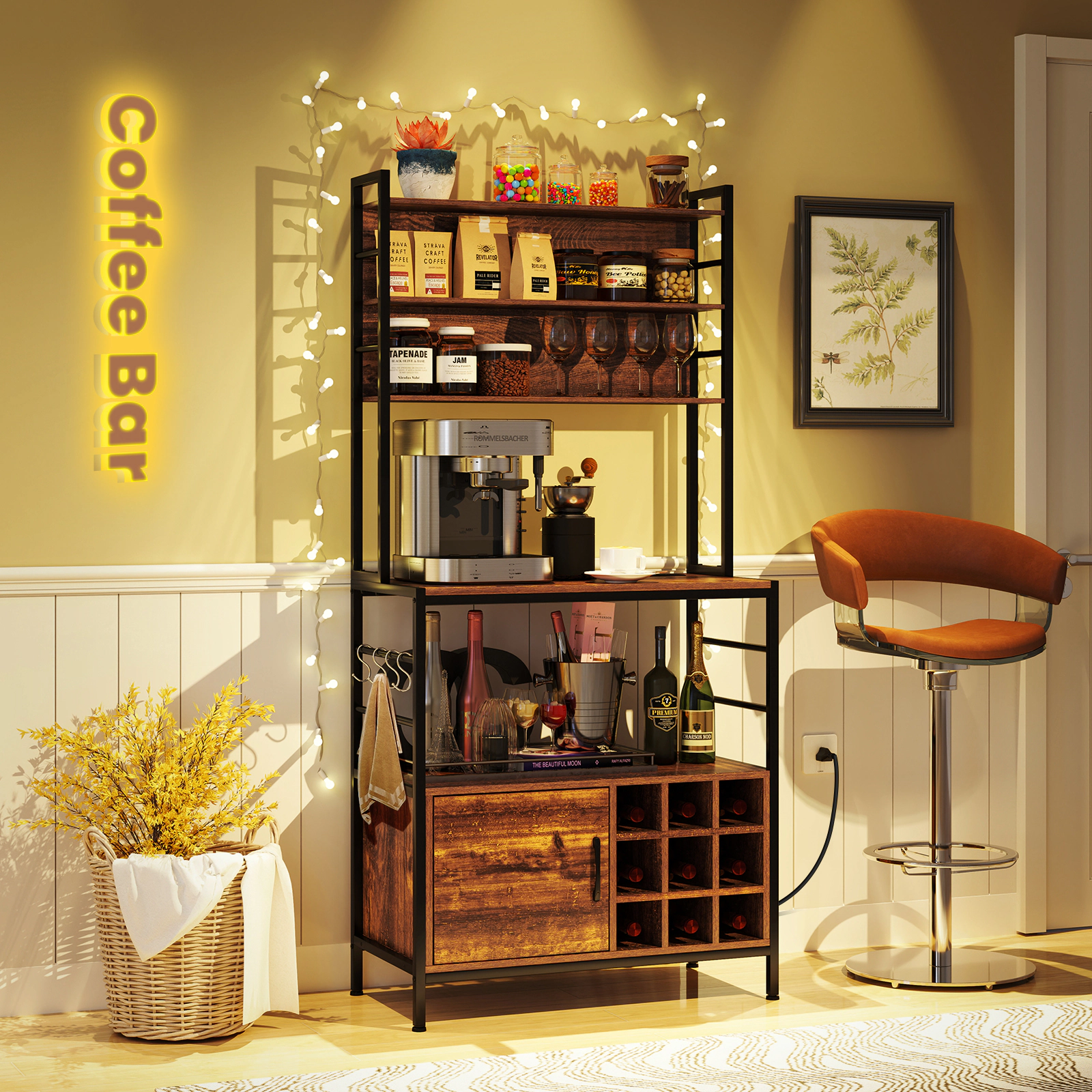 SUGIFT Coffee Bar Cabinet with Power Outlet, S-Shaped Hooks and Wine Bottle Holders 330-lb Capacity Rustic Brown