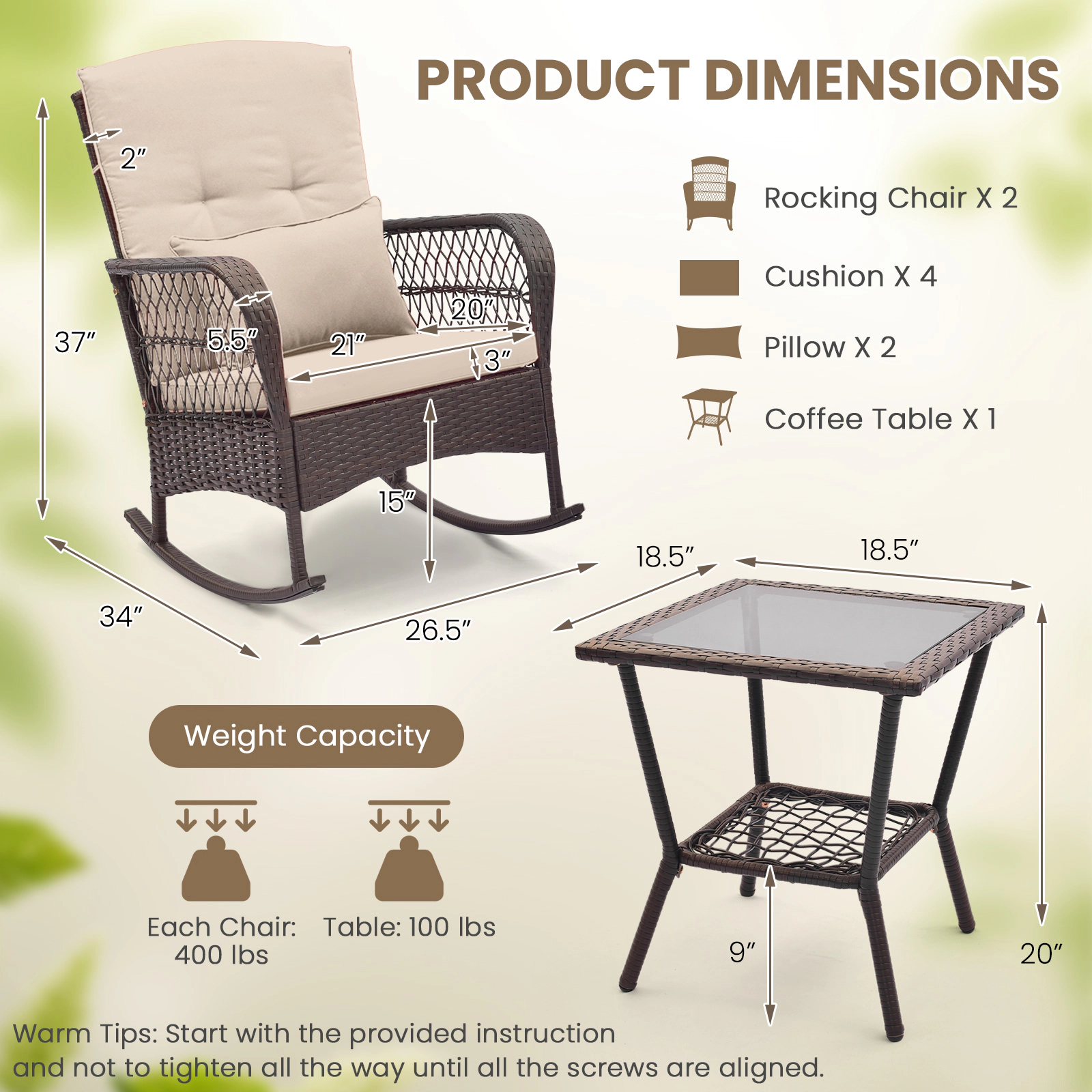 SUGIFT Rocking Conversation Bistro Set with 2-Tier Coffee Table 440-lb Capacity Mix Brown with Cushions