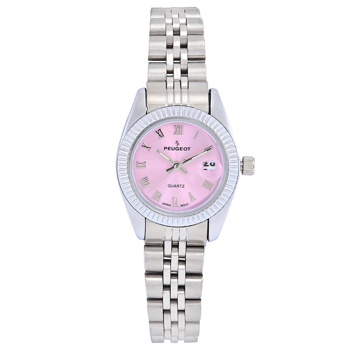 Peugeot Women's Silver-Tone 26mm Fluted Bezel Steel Bracelet Watch with Pink Dial
