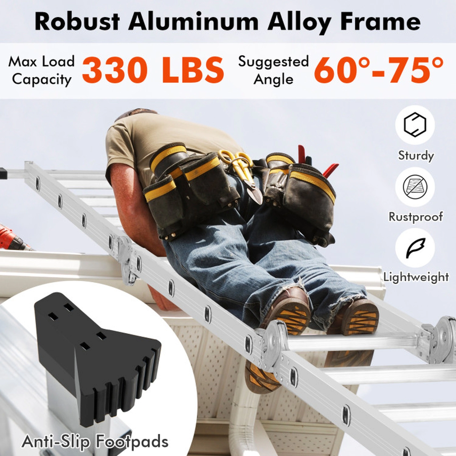 SUGIFT 15-ft 7-in-1 Folding Aluminum Alloy Multi-Purpose Ladder 24-in x 4.5-in x 181.5-in 330-lb Capacity Silver