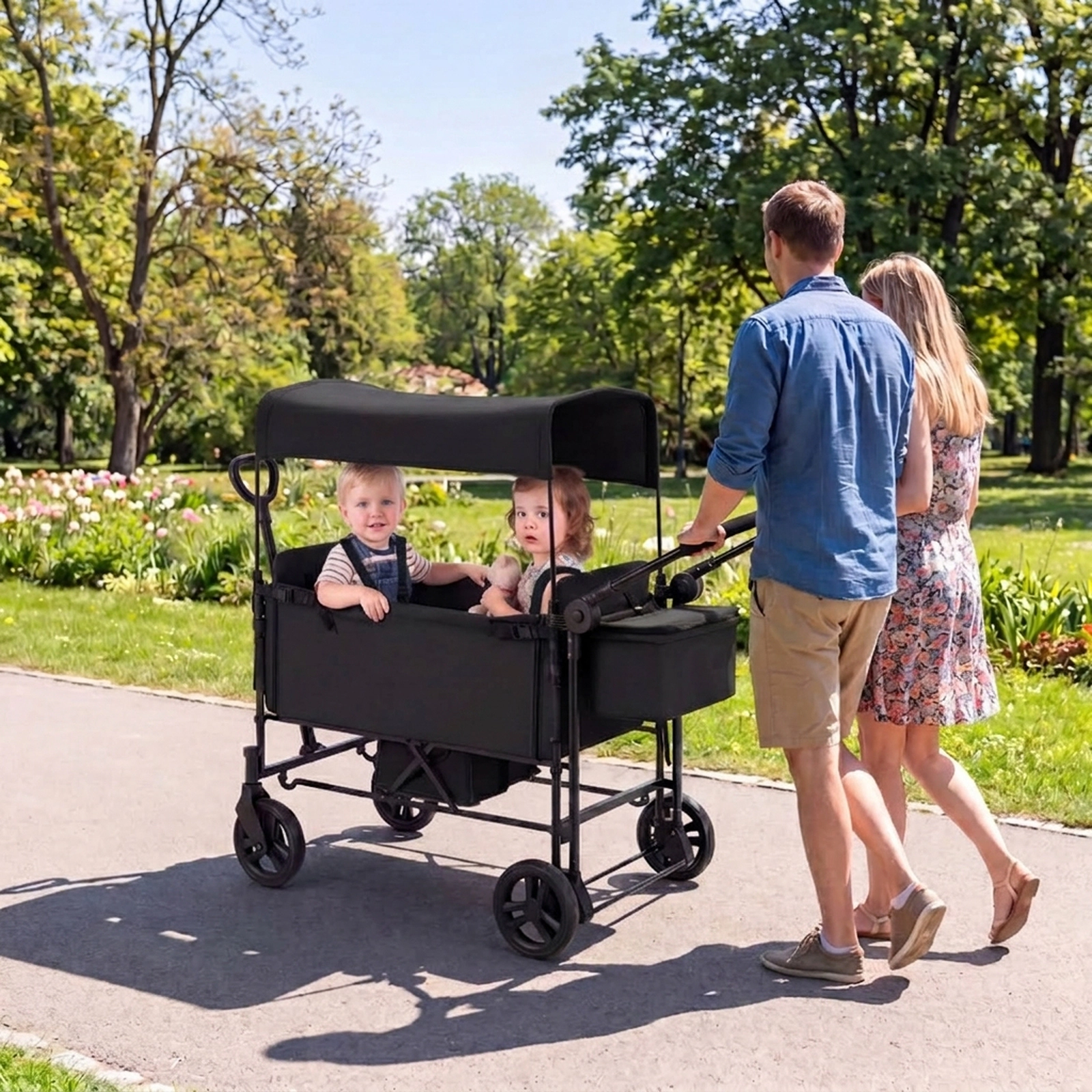 SUGIFT Toddler Black 2-Seat Wagon Stroller with Removable Canopy 54-in W 25.5-in D 44-in H 40-lb Per Seat