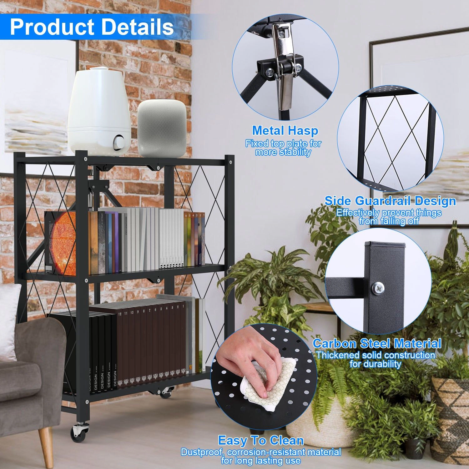 Flynama 3 Tier Foldable Shelving with Lockable Wheels No Assembly Rolling Utility Rack for Kitchen Pantry and Bedroom