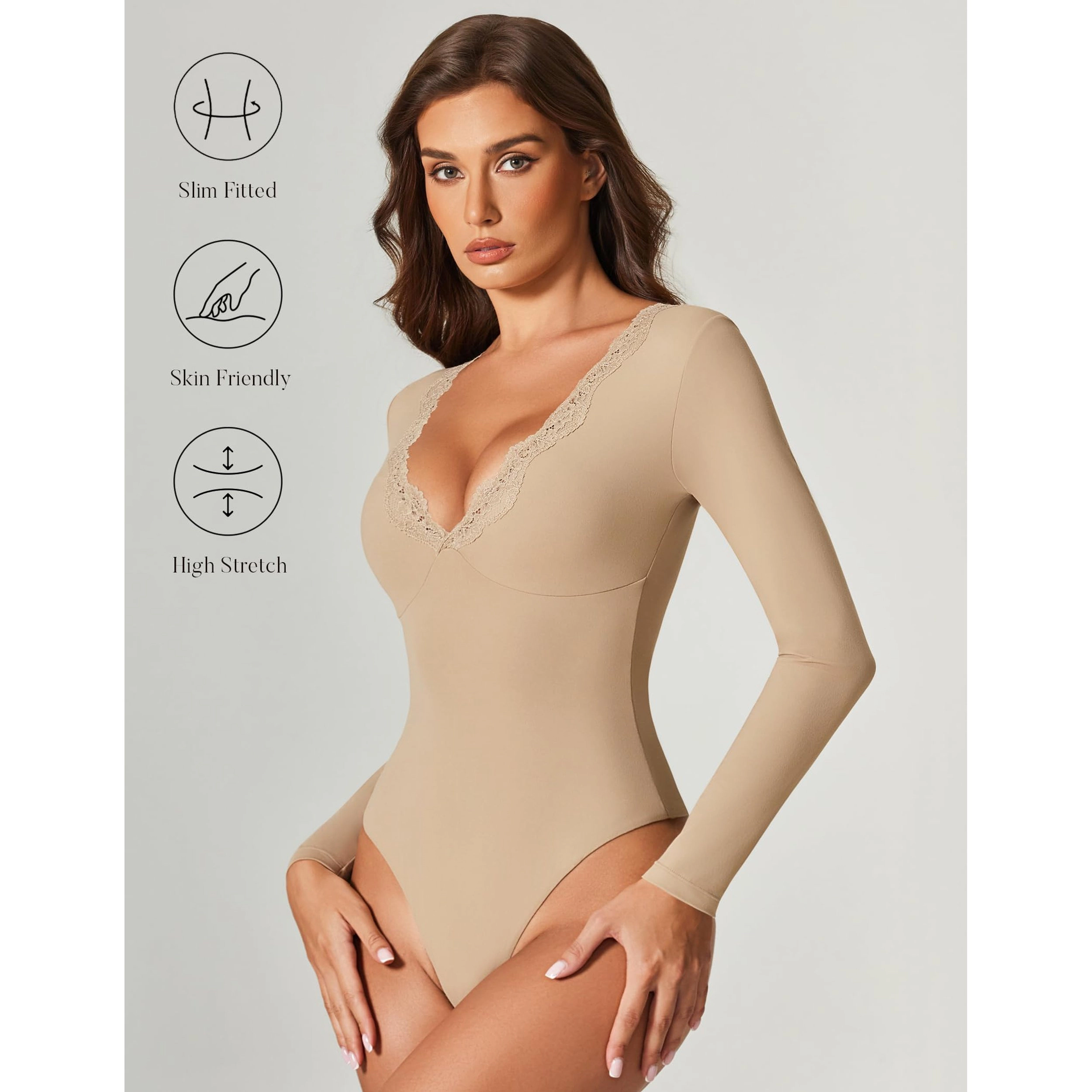 Avidlove Women's Scalloped Lace Trim V Neck Long Sleeve Double Lined Thong Bodysuit