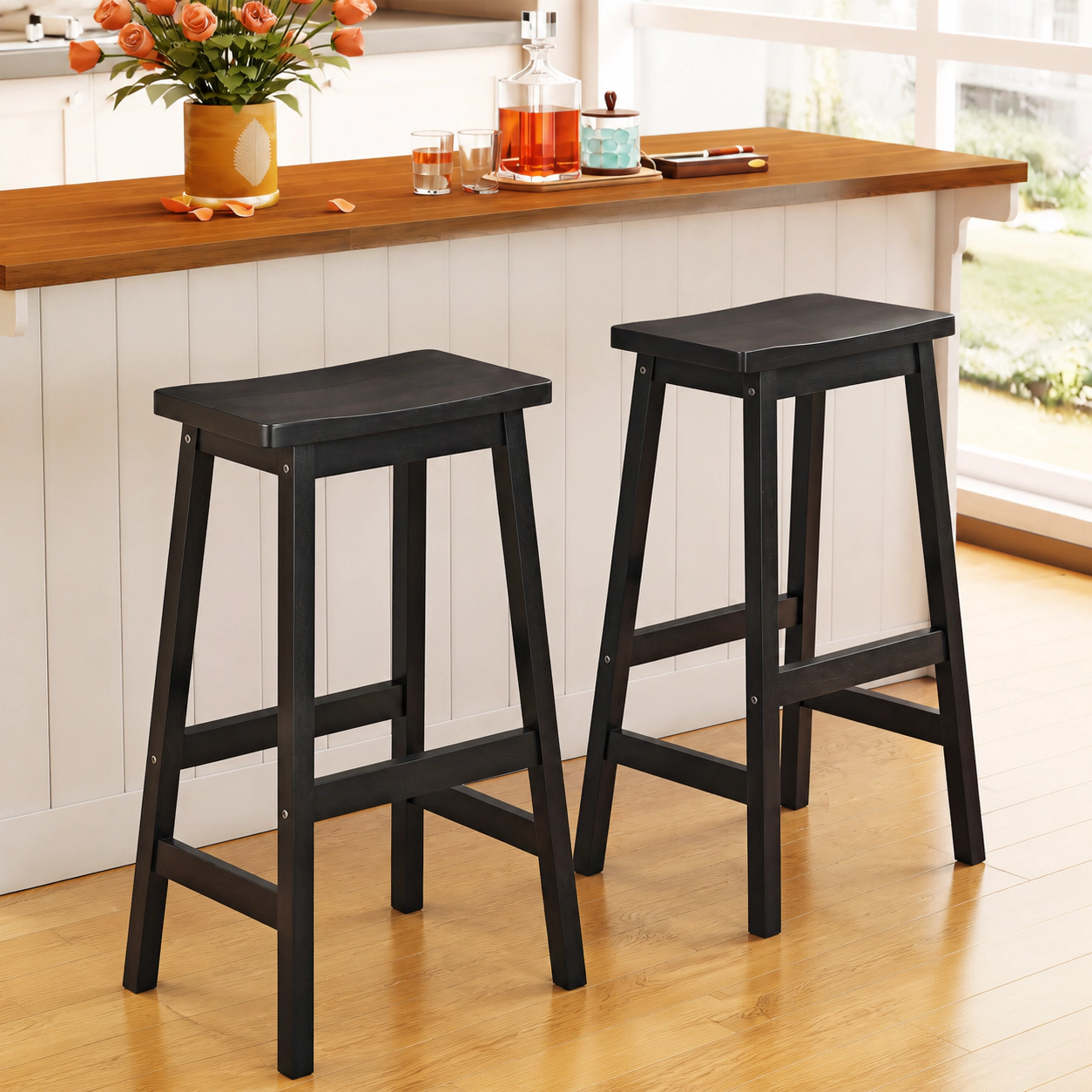 SUGIFT Set of 2 Black 29 in. Backless Rubber Wood Saddle Bar Stools