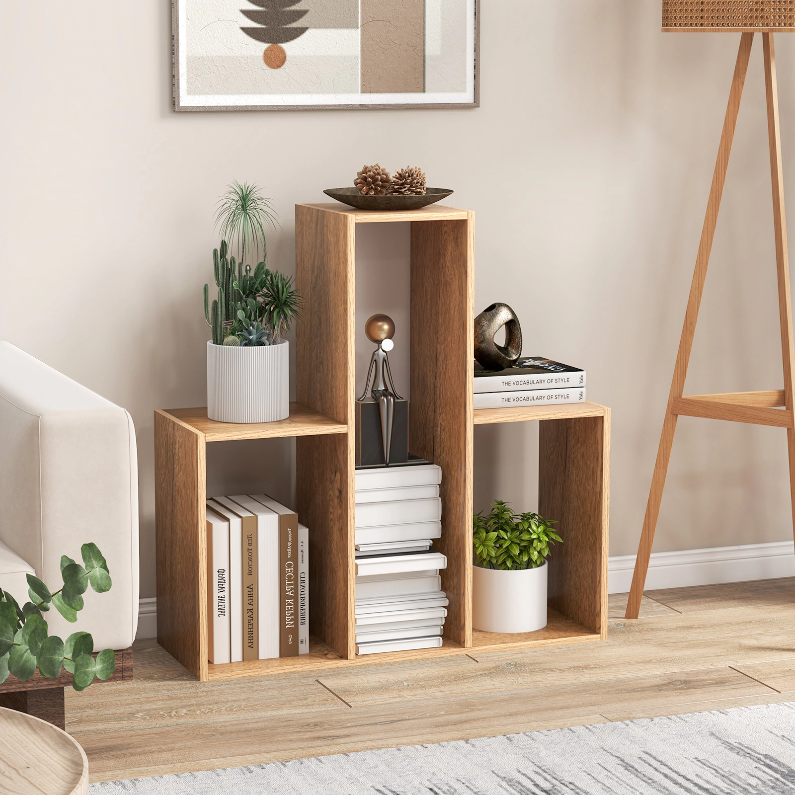 SUGIFT 3-Shelf Natural 33-in Open Convex Bookshelf Display Organizer with Anti-Toppling Device and 88-lb Top