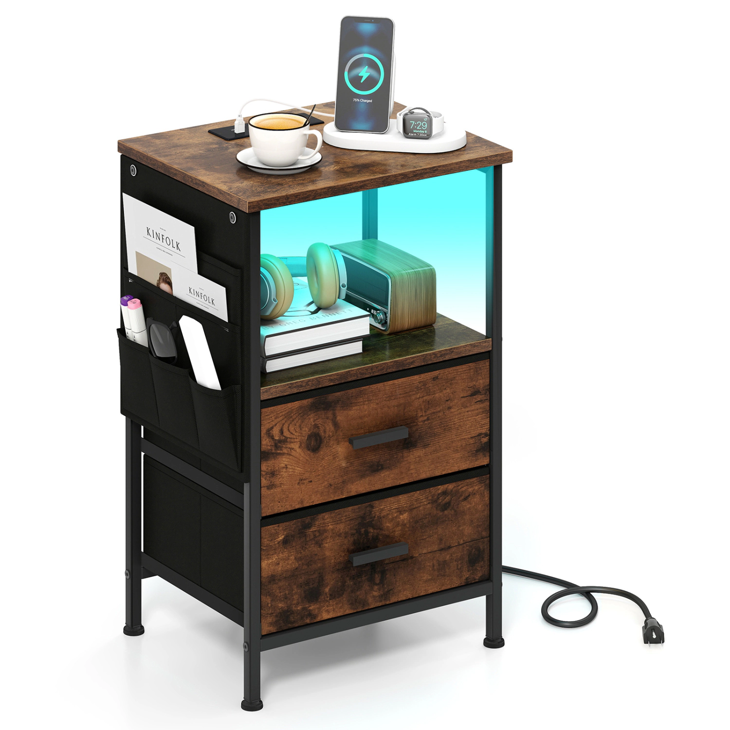 Glintex LED End Table with Charging Station and 2 Folding Fabric Drawers, Rustic Brown