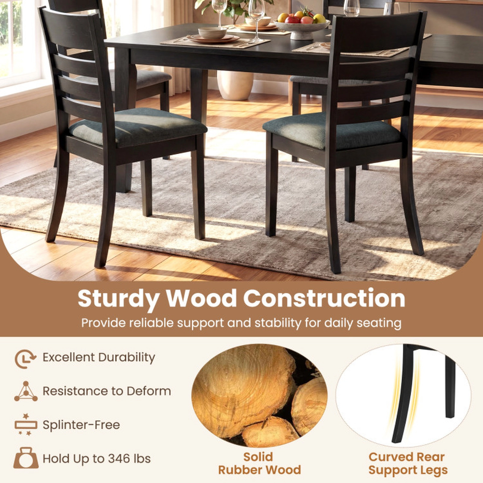 SUGIFT Set of 4 High Back Wooden Dining Chairs Upholstered Kitchen Chairs 346-lb Capacity Black Frame Dark Gray Seat