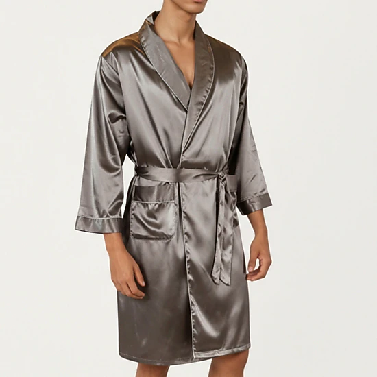 Anna-Kaci Men's Satin Robe with Shawl Collar Waist Tie and Front Pockets