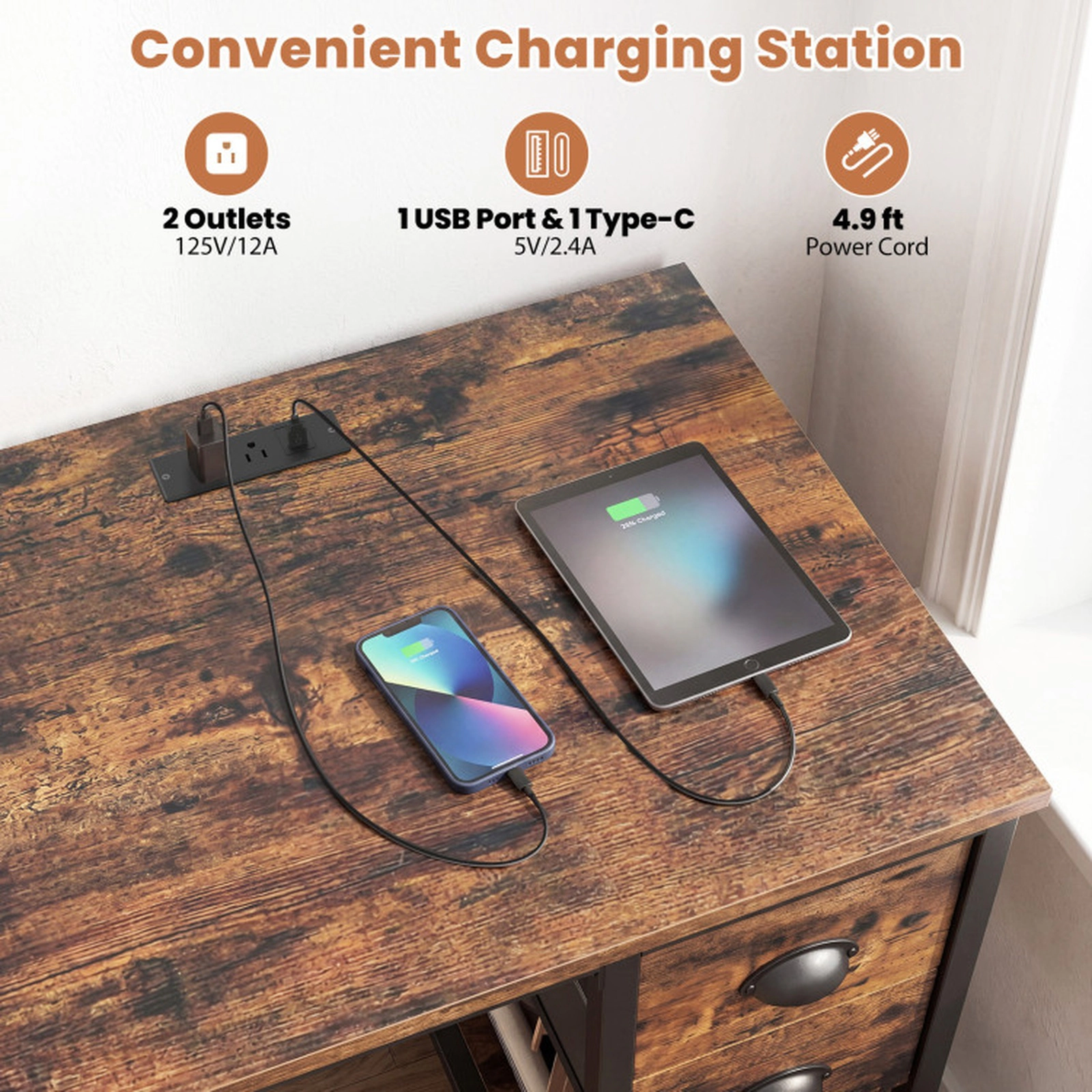 SUGIFT 48-in Computer Desk with Power Outlet 110-lb Tabletop Capacity with 4 Fabric Drawers Rustic Brown & Black