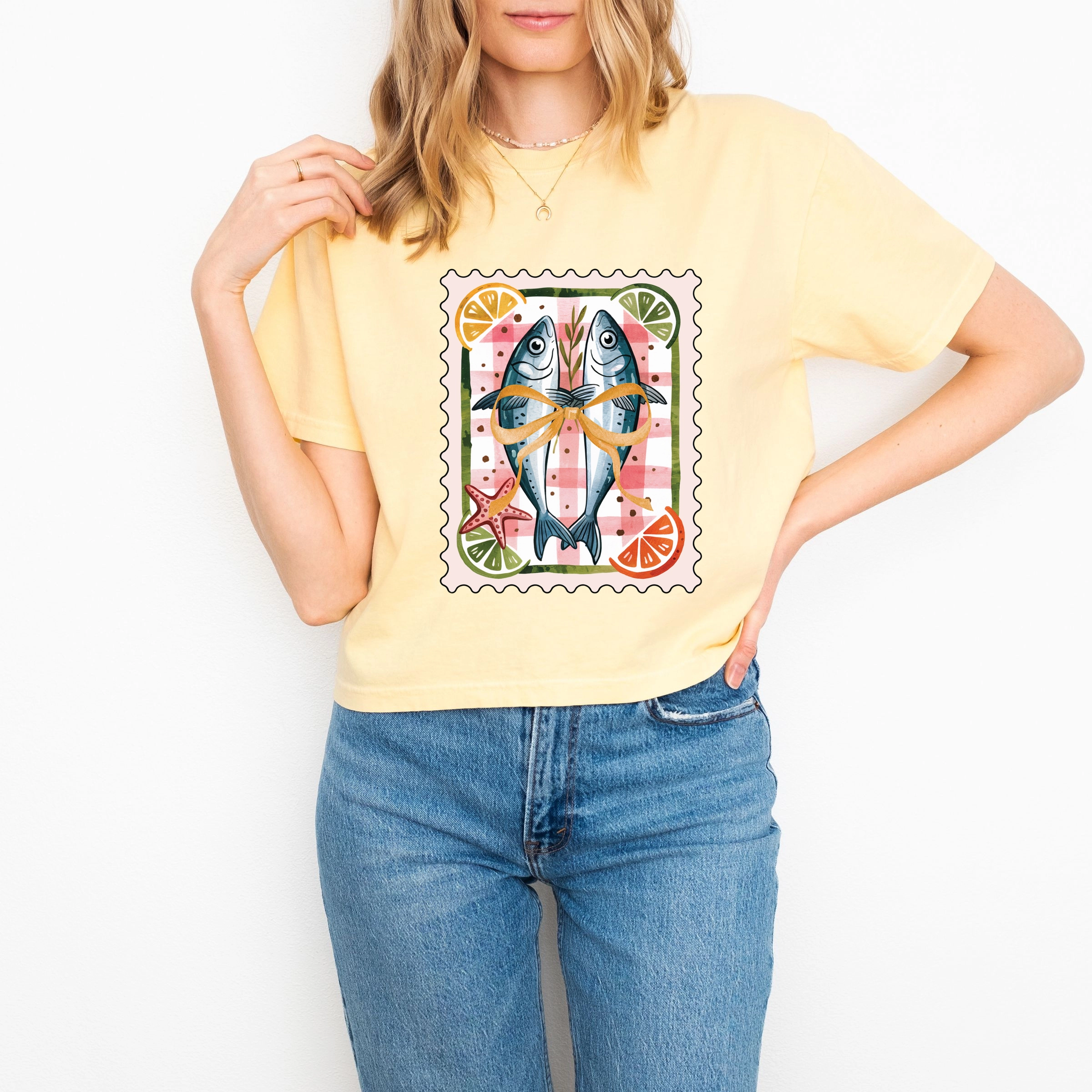 Simply Sage Market - Sardines Stamp Women's Boxy Crop Top Graphic T-Shirt