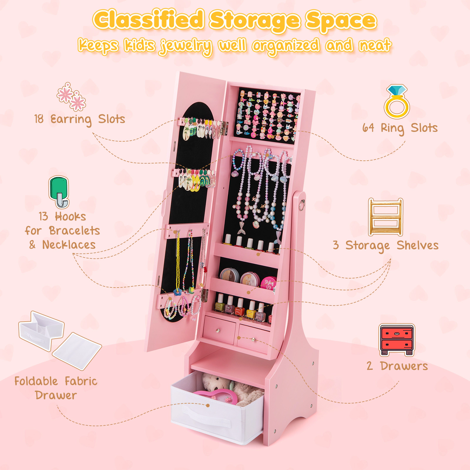 SUGIFT Kids Full-Length Mirror 2 Tilt Angles 64 Ring Slots Jewelry Armoire Cabinet 12.5-in x 12-in x 41.5-in Pink
