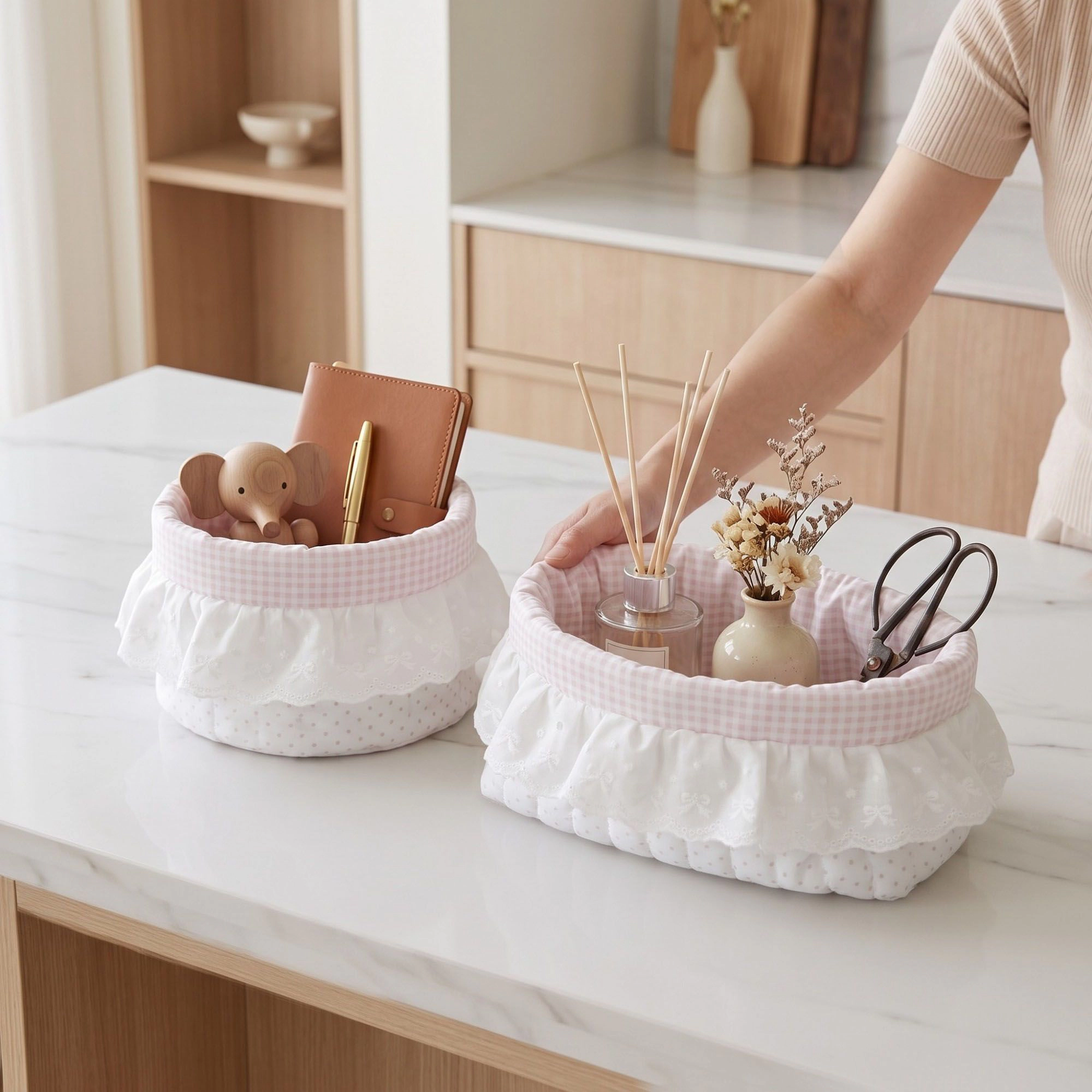 Alilang Unisex Pink Gingham Fabric Storage Basket with Lace Ruffle