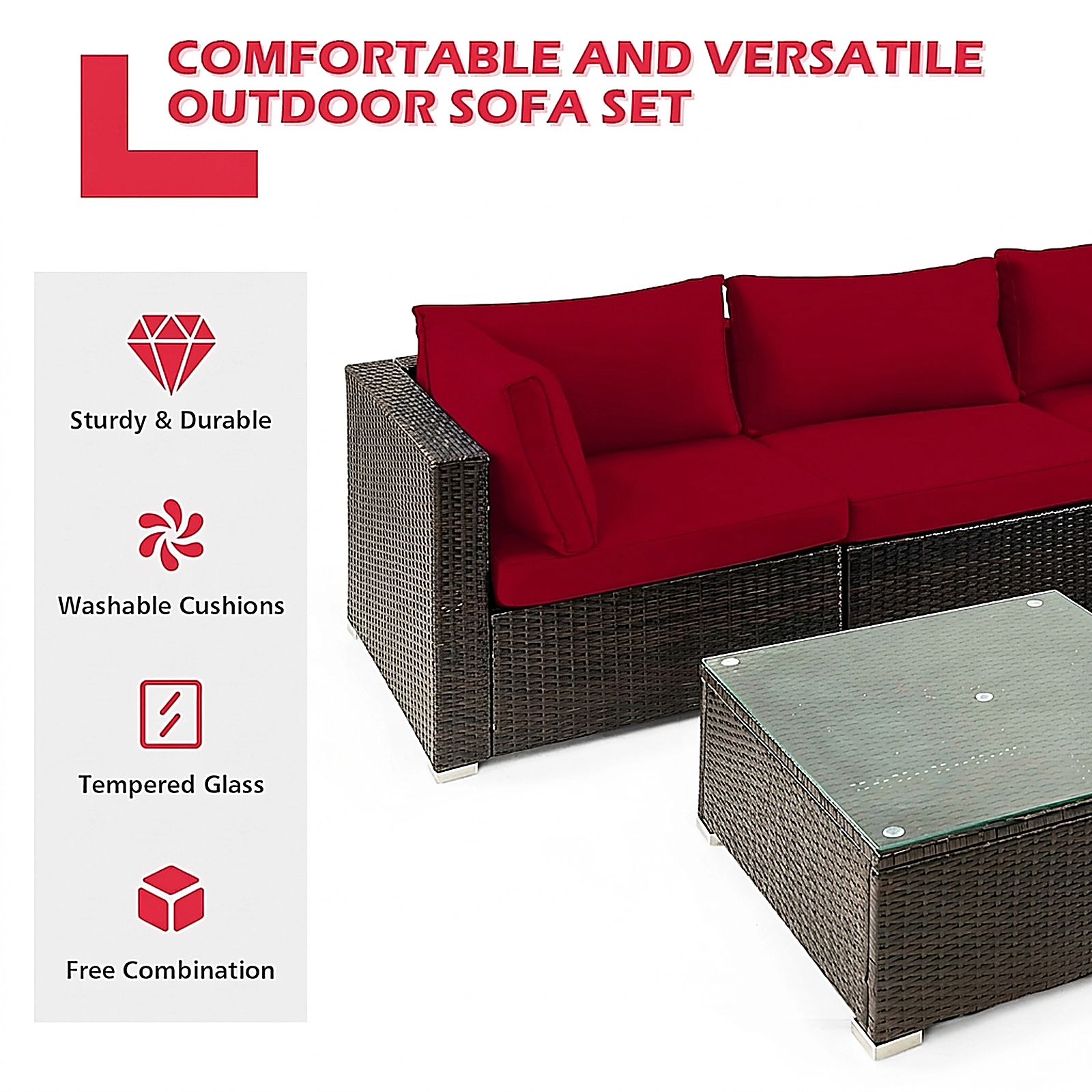SUGIFT 5-Piece Red PE Rattan Patio Sectional Set with Glass Table