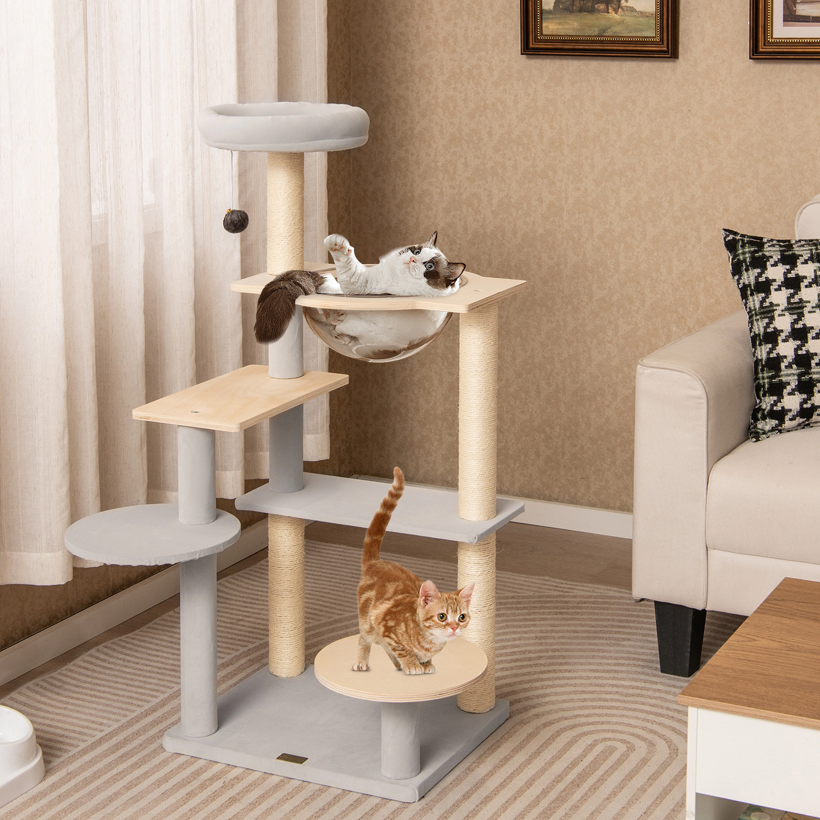 Glintex 44-Inch Cat Tower with Transparent Space Capsule and Matte Velvet Platforms, Natural
