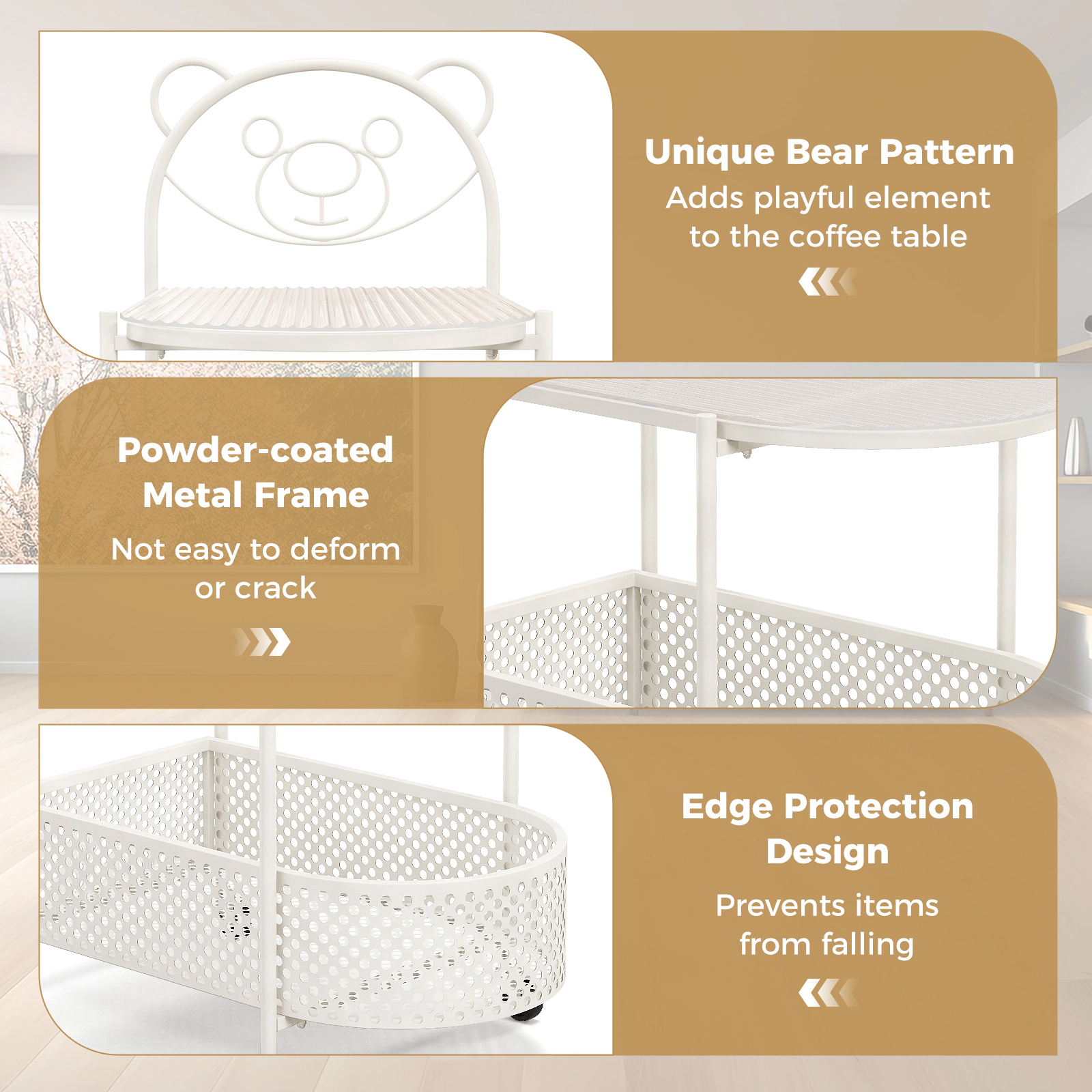 SUGIFT White 30 in 2-Tier Rolling Glass Side Table with Storage Basket