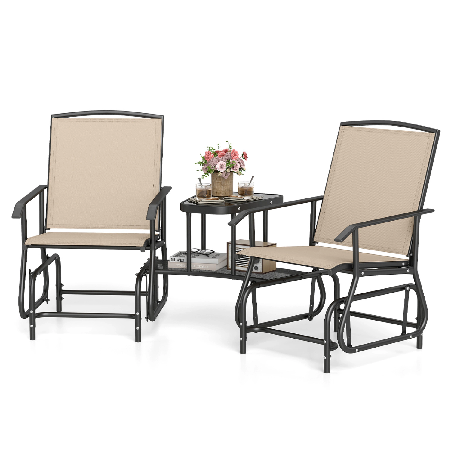 LJG 2-Seater Outdoor Glider Bench with 2-Tier Center Table
