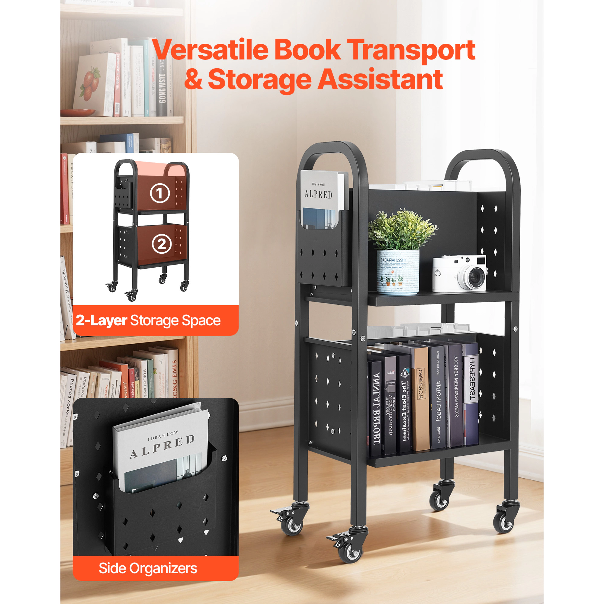 HONGGE Rolling Library Book Cart with L-Shaped Sided Shelves and Lockable Wheels for Home, Office, and School