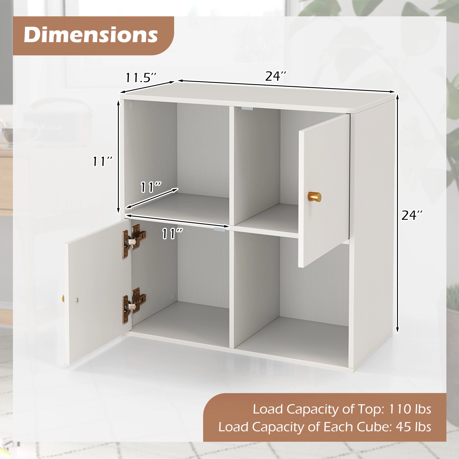 SUGIFT 4-Cube White 24-in Bookshelf with 2 Cabinet Doors Dual Anti-Tipping Kits and 45-lb Cubes