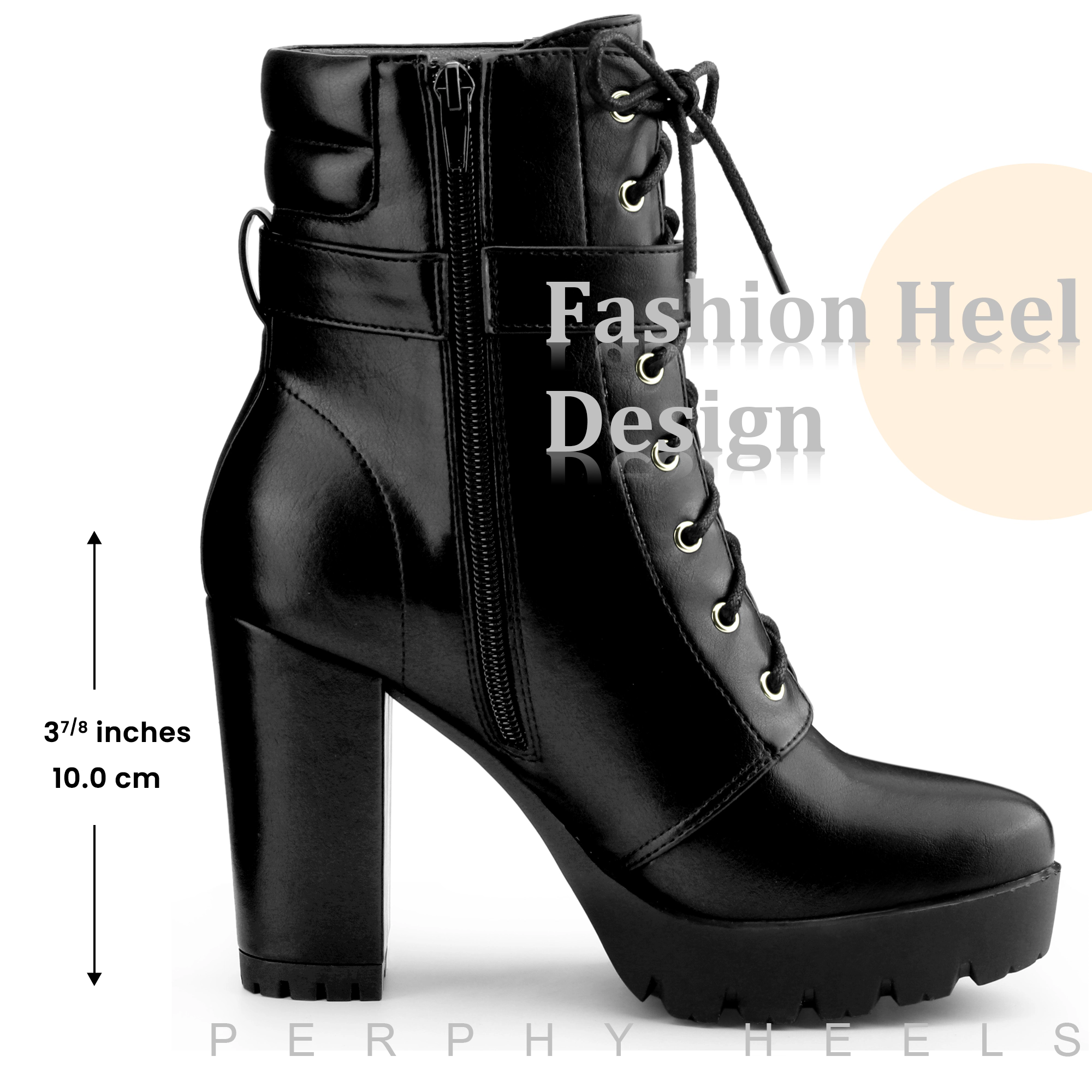 BLISSFUL STEP Women's Platform Lace Up Chunky Heel Buckle Ankle Combat Boots