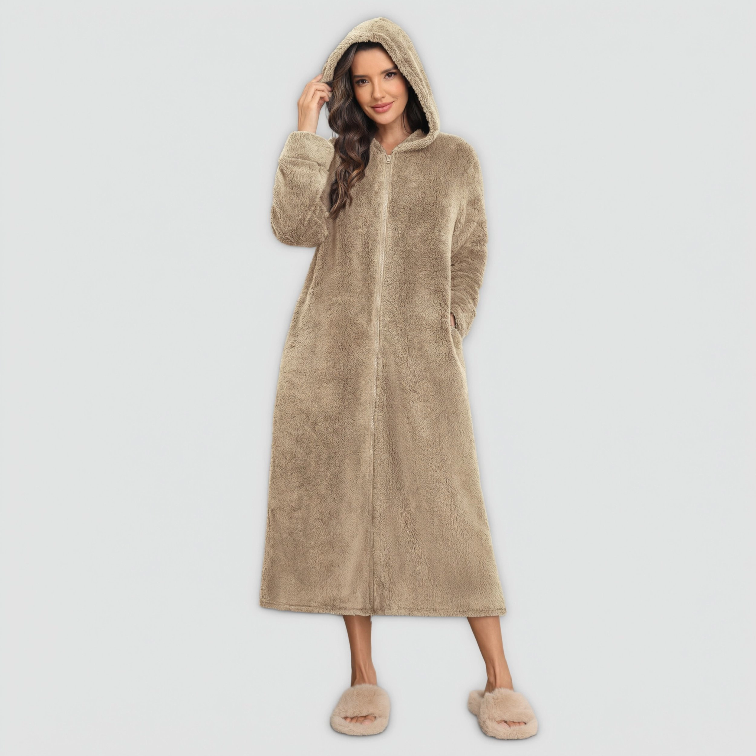 Ekouaer Ladies Soft Robes Plush Long Fluffy Zipper Robe Fuzzy Warm Fleece Sleep with Pockets