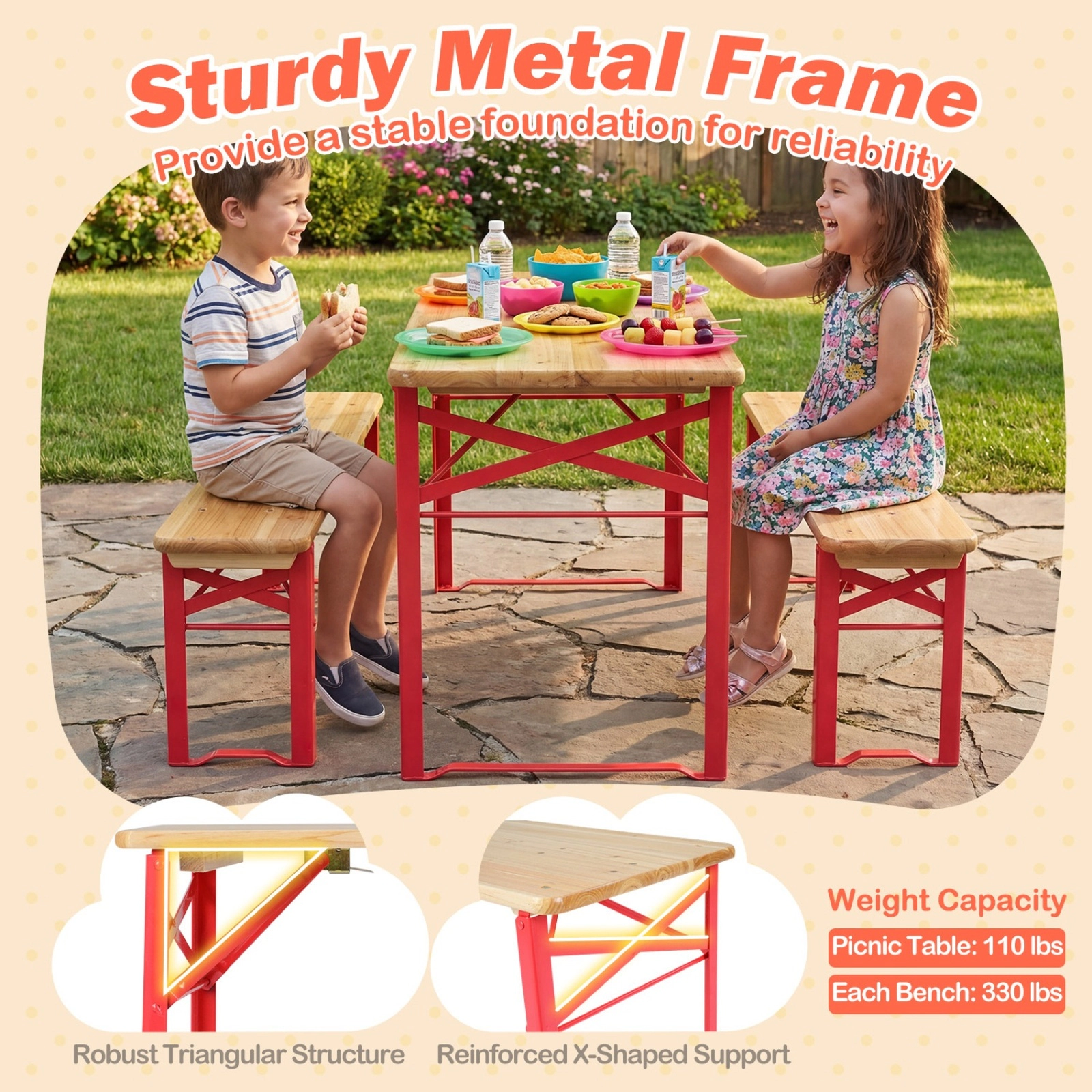 SUGIFT Folding Kids Picnic Table and Bench Set 110-lb Table 330-lb Bench Capacity Ages 3-8 Red and Natural
