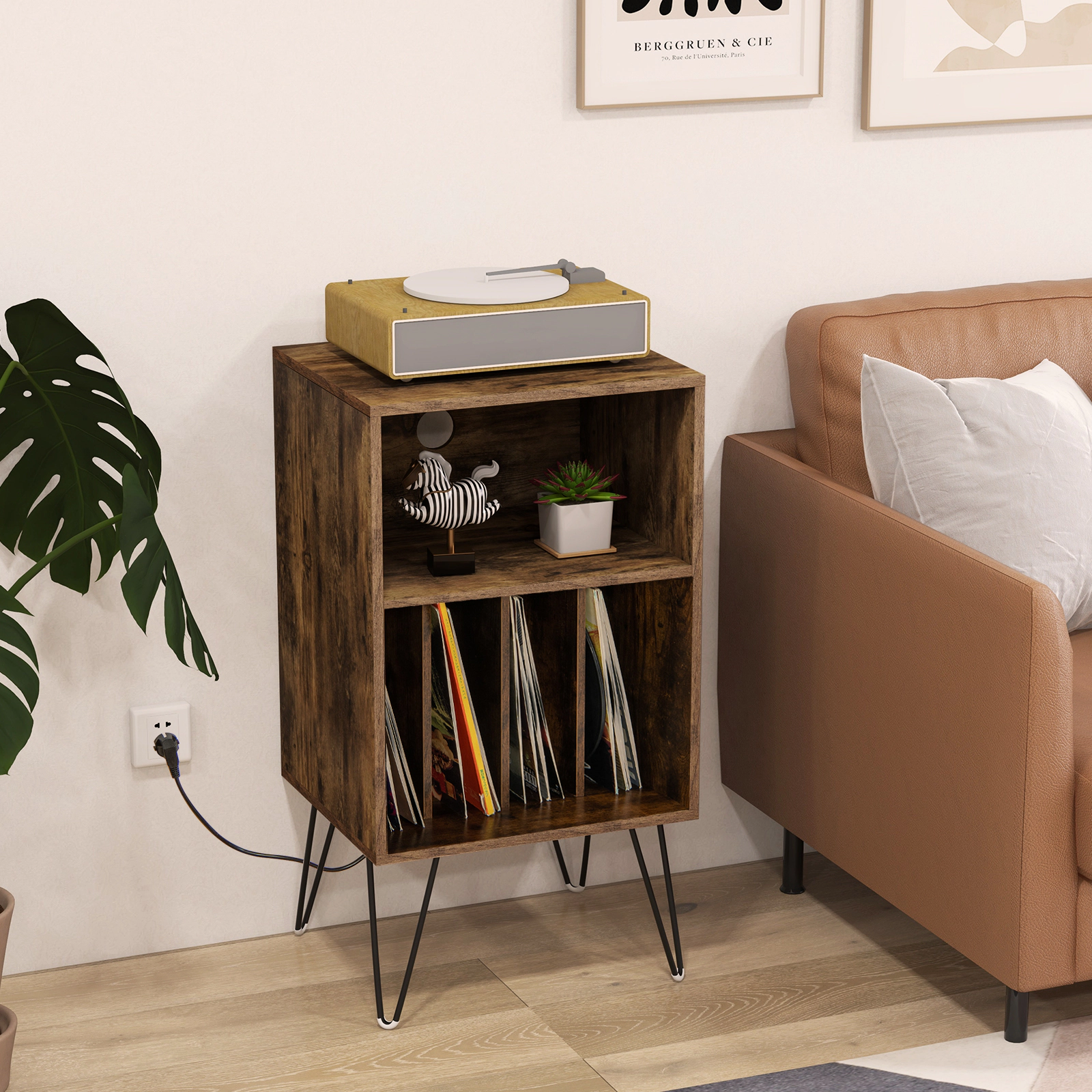 SUGIFT 3-Tier Record Player Stand with Charging Station Accent Table 110-lb Top Capacity Rustic Brown