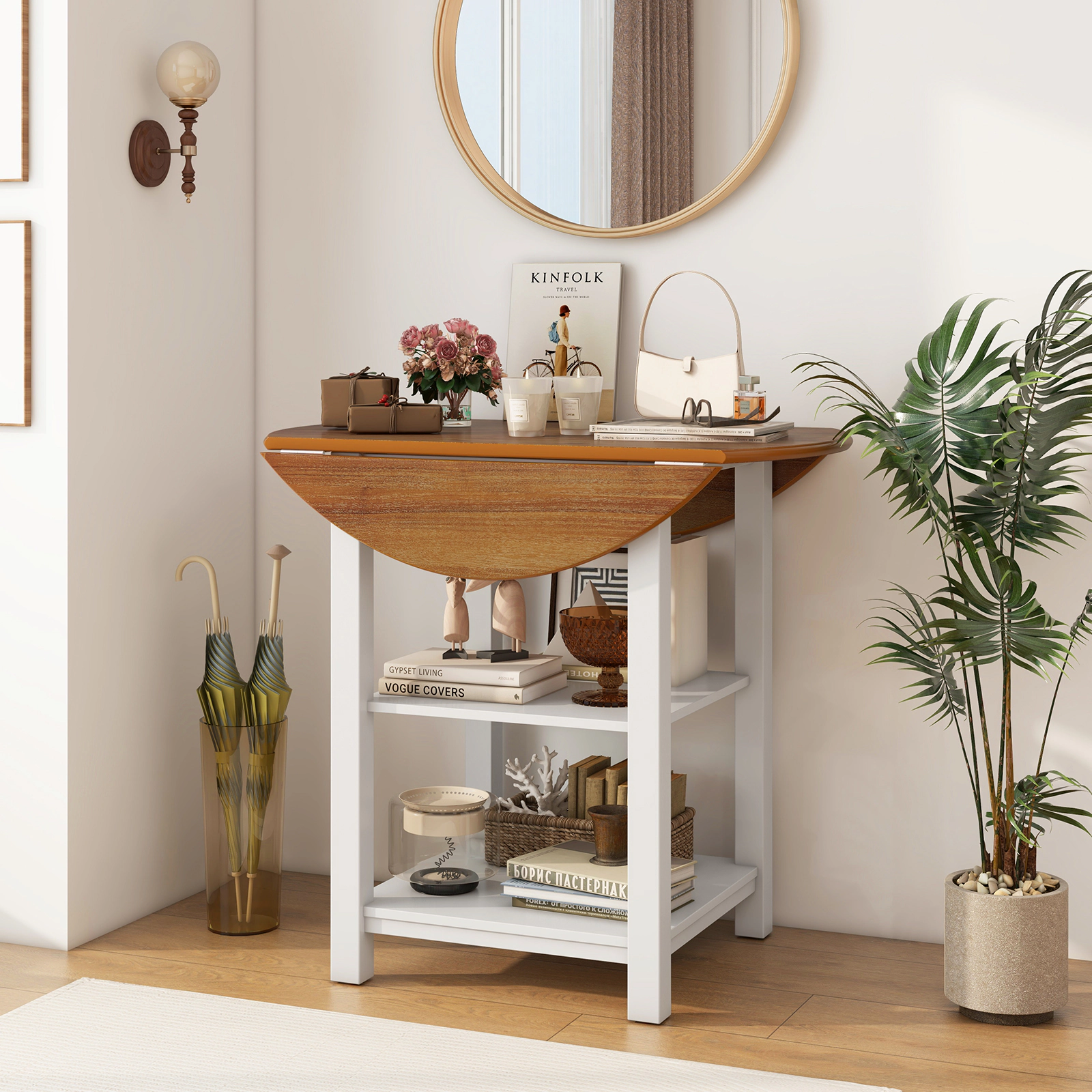 LJG Folding Round Dining Table Drop Leaf Table with 2 Shelves for Small Spaces