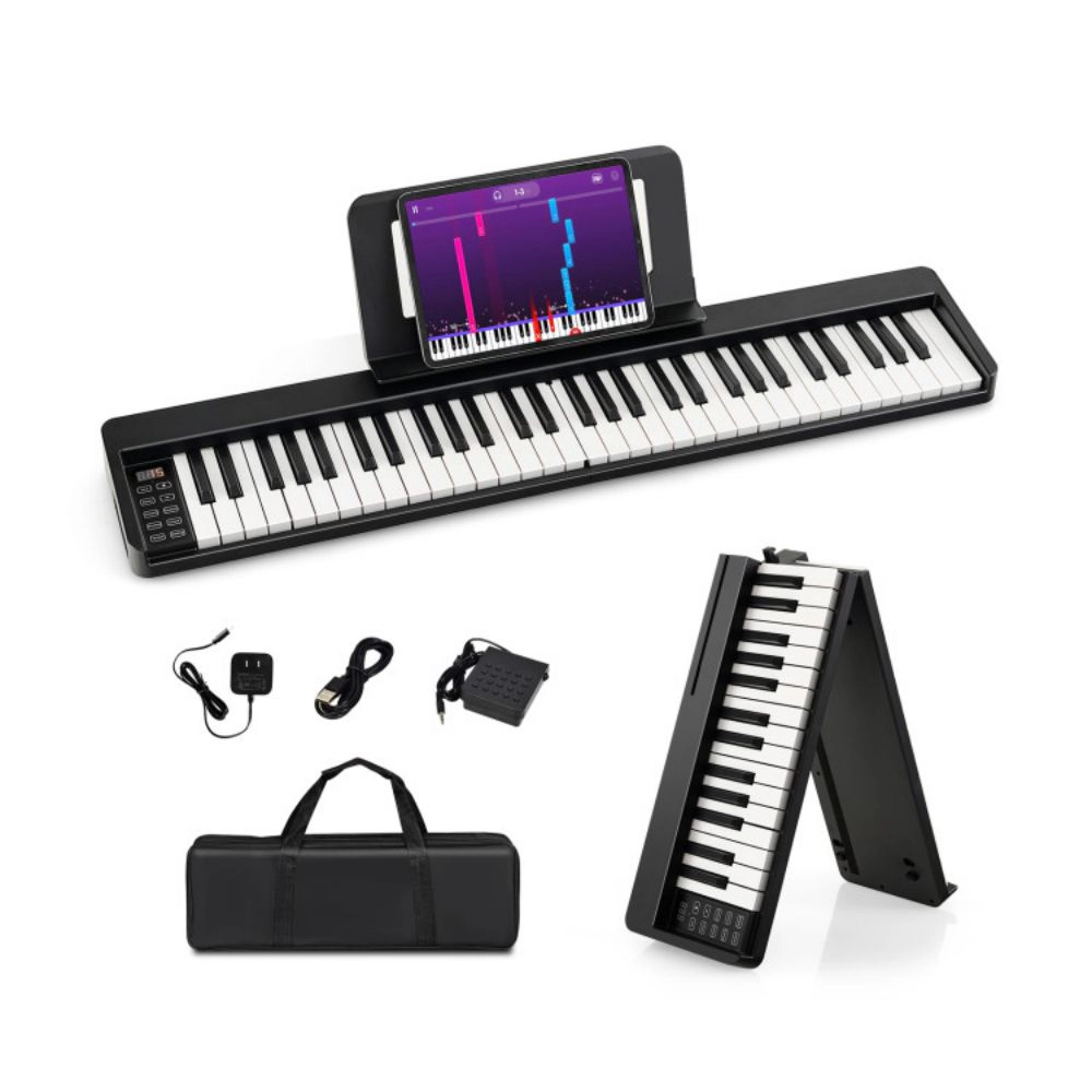 SUGIFT 61-Key Folding Piano Keyboard with Full Size Keys and Music Stand 35.5-in Unfolded 17.5-in Folded Ages 3+ Black