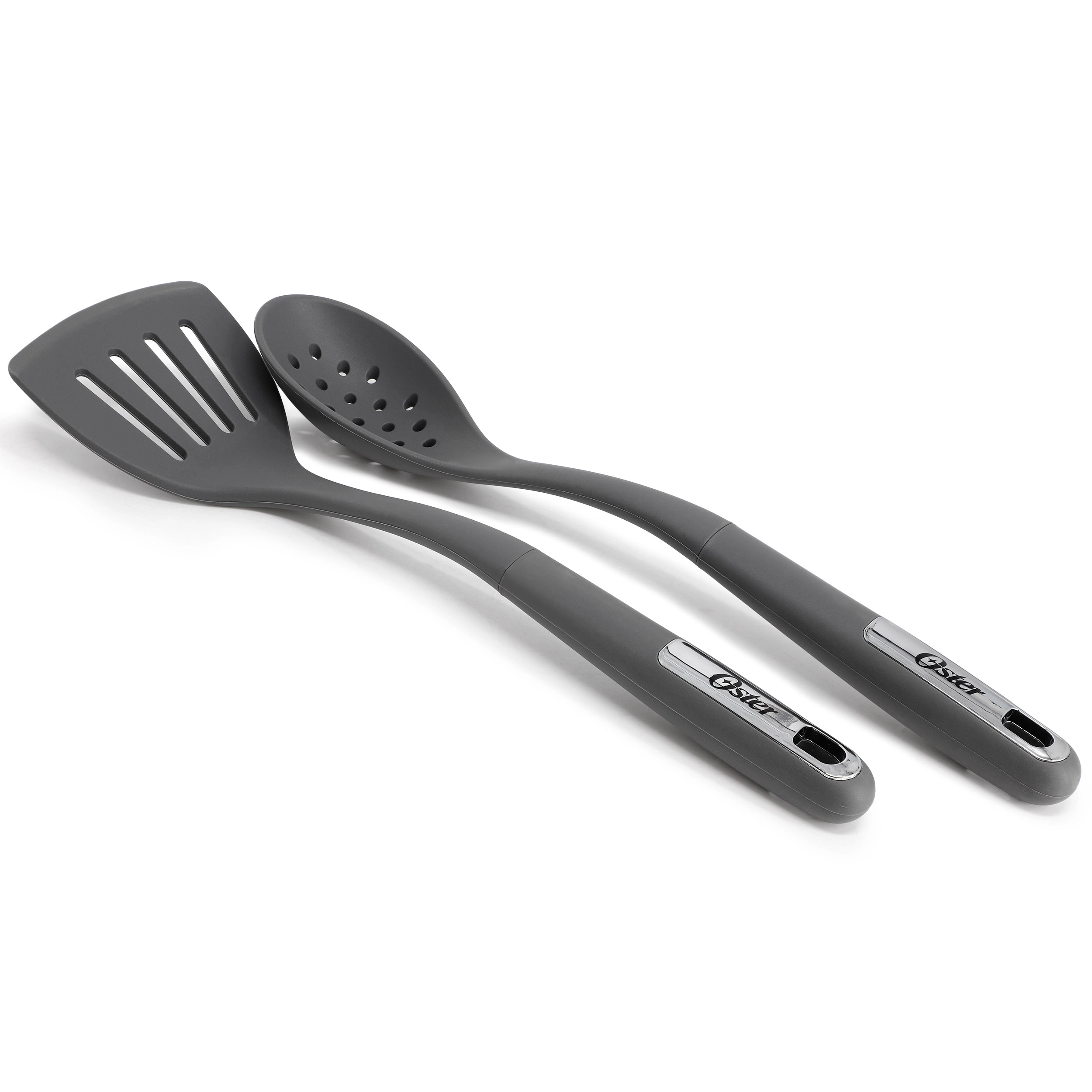 Oster Ridgecrest 2 Piece Silicone Kitchen Tool Slotted Spoon and Turner Set in Gray